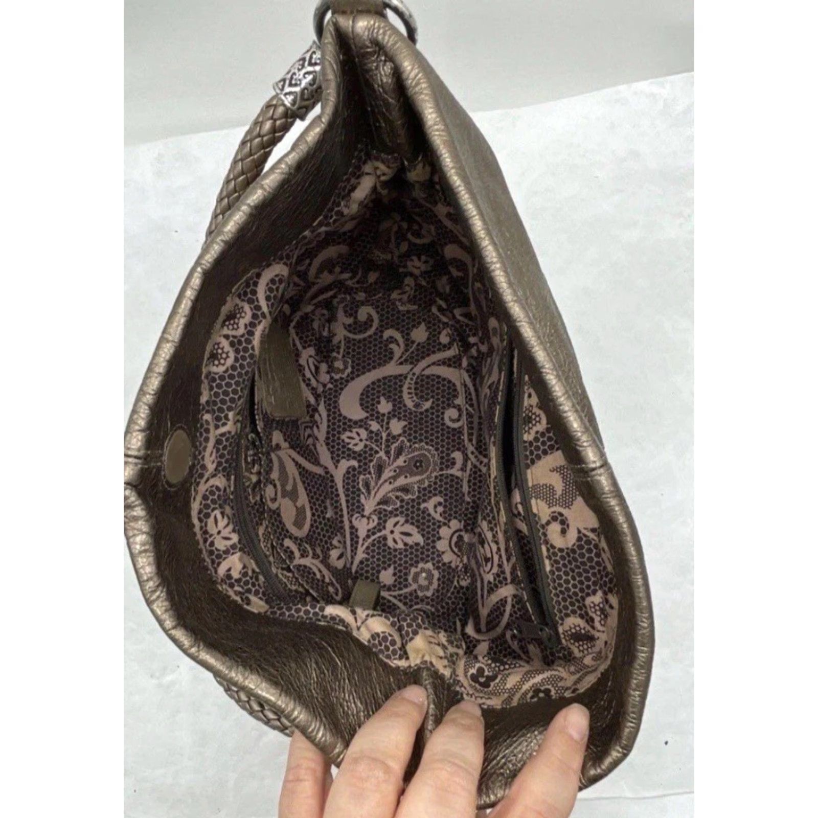 Brighton Brighton Hobo Bag Braided TopHandle Metallic Bronze Pebble Leather Purse Women Size ONE SIZE - 6 Thumbnail