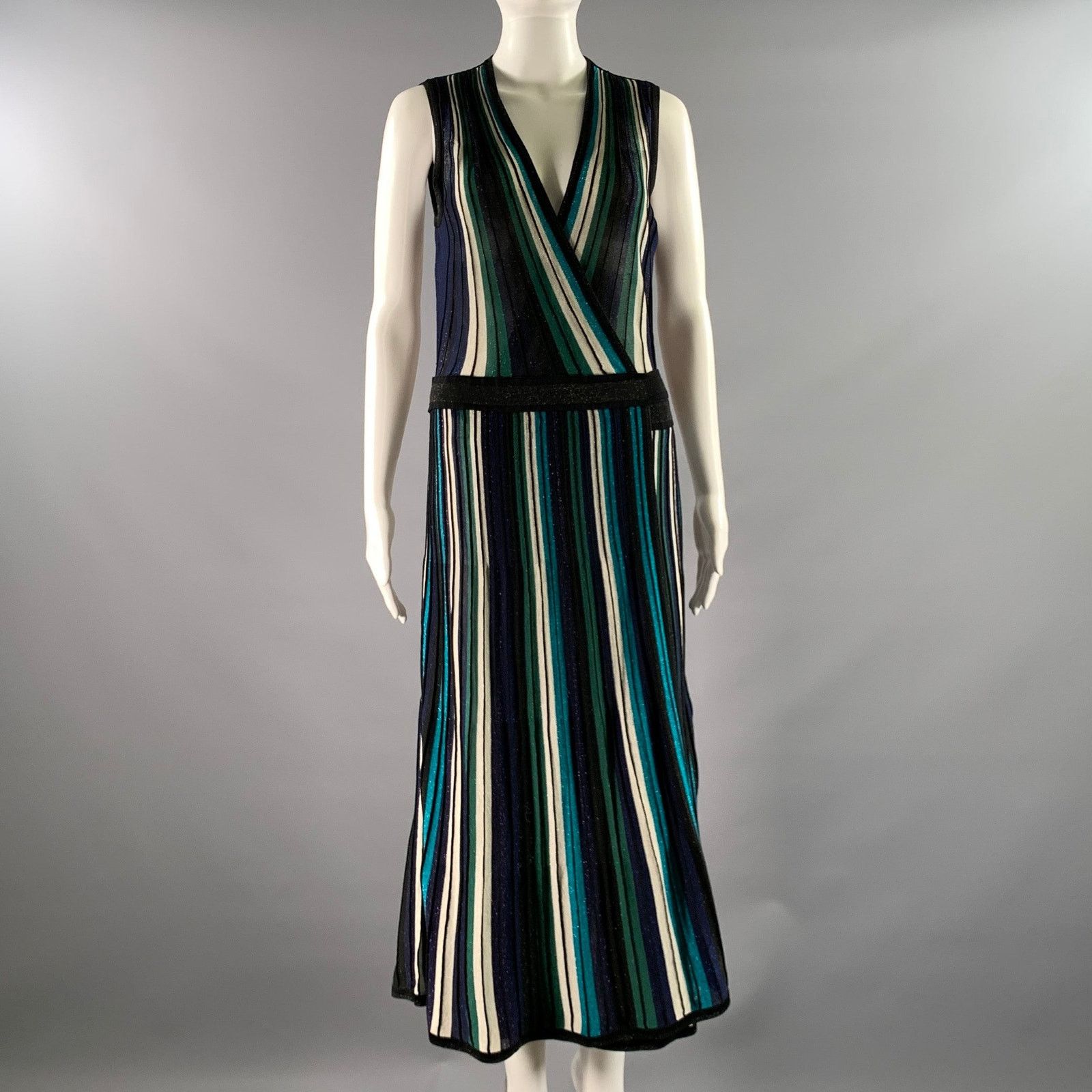 Diane von Furstenberg DVF M Black Green Silk Blend Stripe Wrap Mid-Calf Dress Size M / US 6-8 / IT 42-44 - 1 Thumbnail