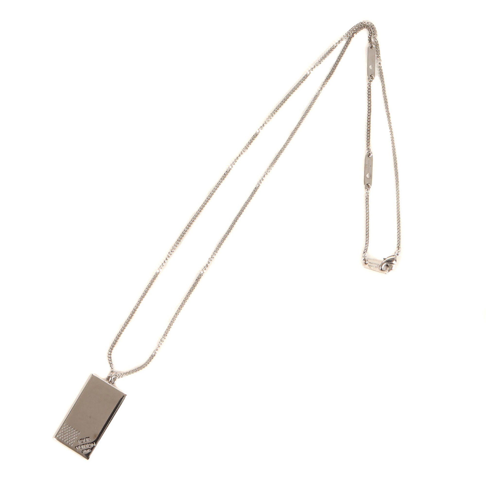 image of Louis Vuitton Collier Plaque Damier Necklace M61972 Pendant Plate Accessory Silver Made In Italy, W
