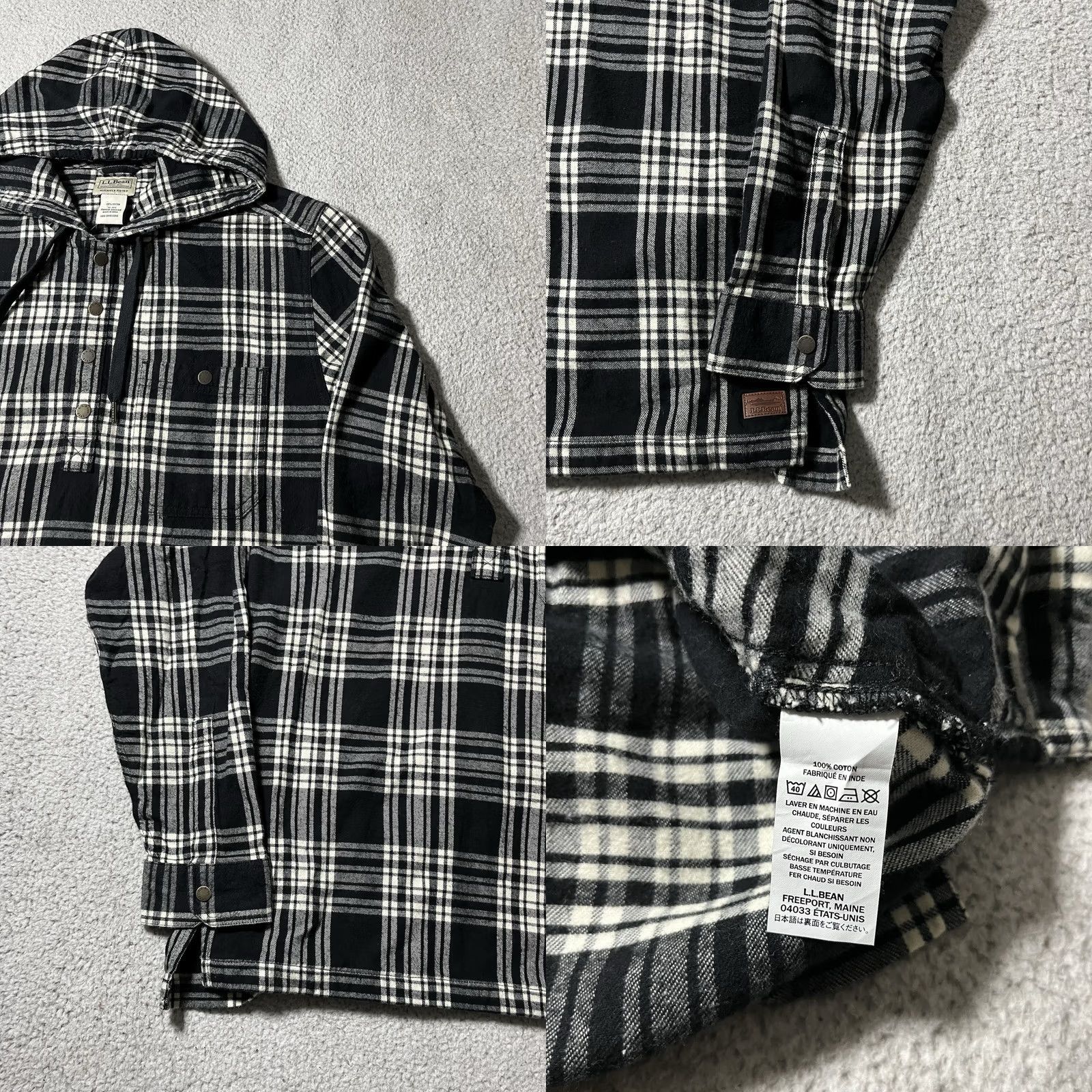 Vintage L.L. Bean Flannel Mens Medium Black Plaid Hooded Button Slightly Fitted Outdoor Shirt Men Size US M / EU 48-50 / 2 - 8 Thumbnail