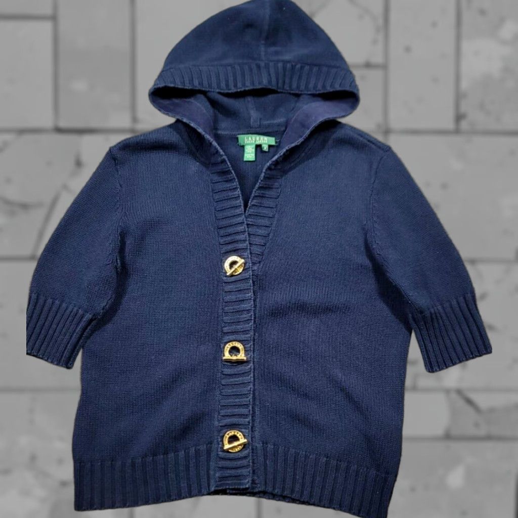 Ralph Lauren Lauren Ralph Lauren Cardigan Sweater Women M Blue Cable Knit Hooded Button Vintage 90s Accredited by 100% Cotton/All Seasons Size M / US 6-8 / IT 42-44 - 1 Thumbnail