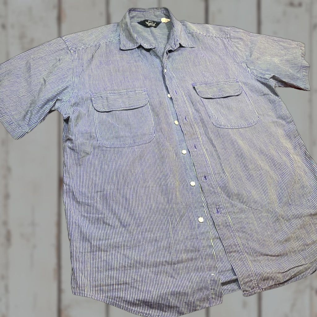 Vintage VINTAGE Woolrich 90s Shirt Blue Lime Striped Button-Front Short Sleeves Men’s XL Shirt Size US XL / EU 56 / 4 - 1 Thumbnail