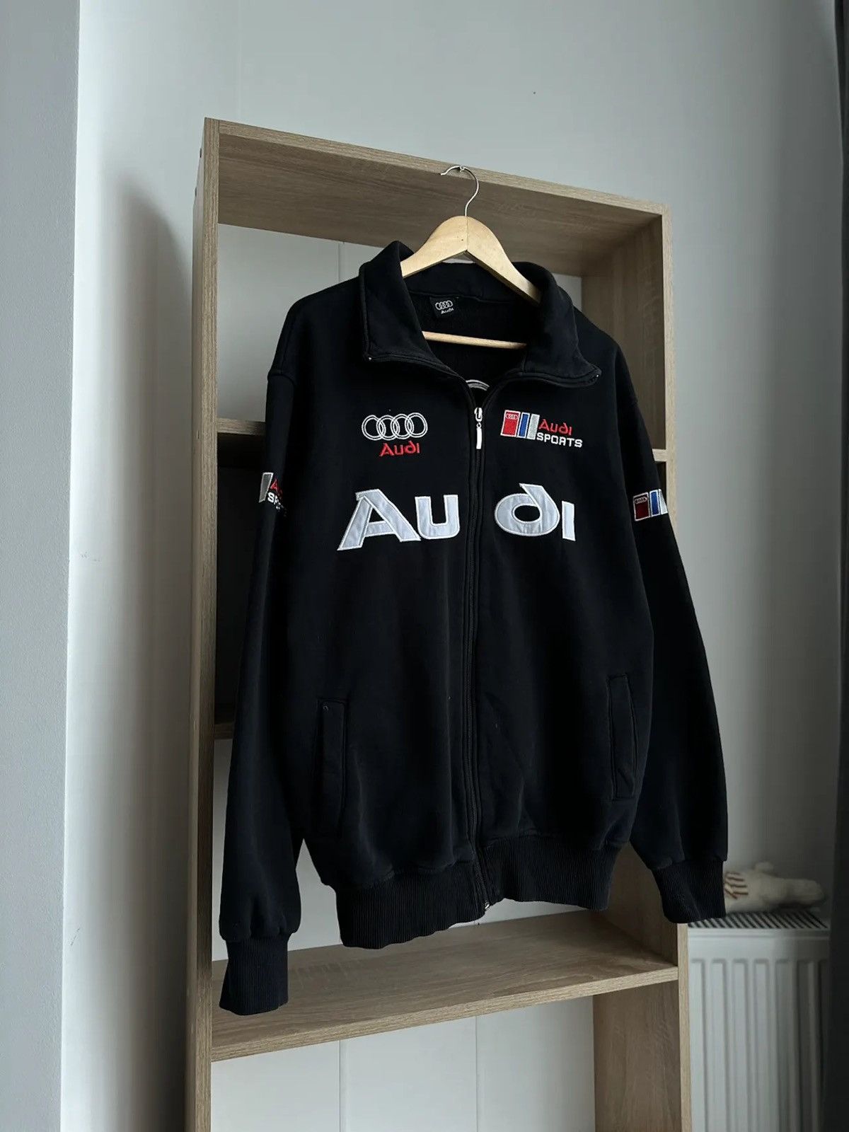 image of Vintage Audi Racing Sports Formula Uno Full Zip Black Hoodie, Men's (Size Medium)