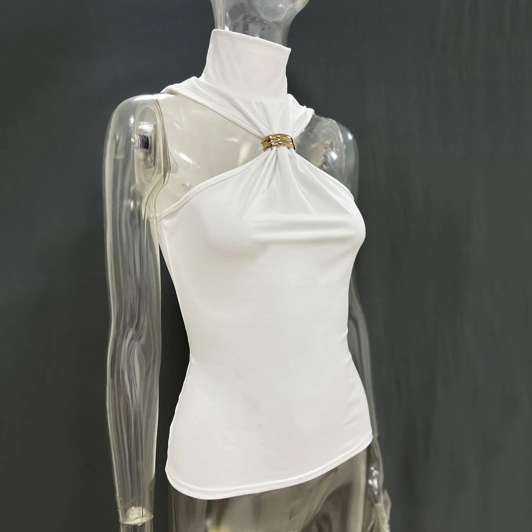 Other Gold Ring Sleeveless Cold-shoulder Stretch Top Size L / US 10 / IT 46 - 2 Thumbnail