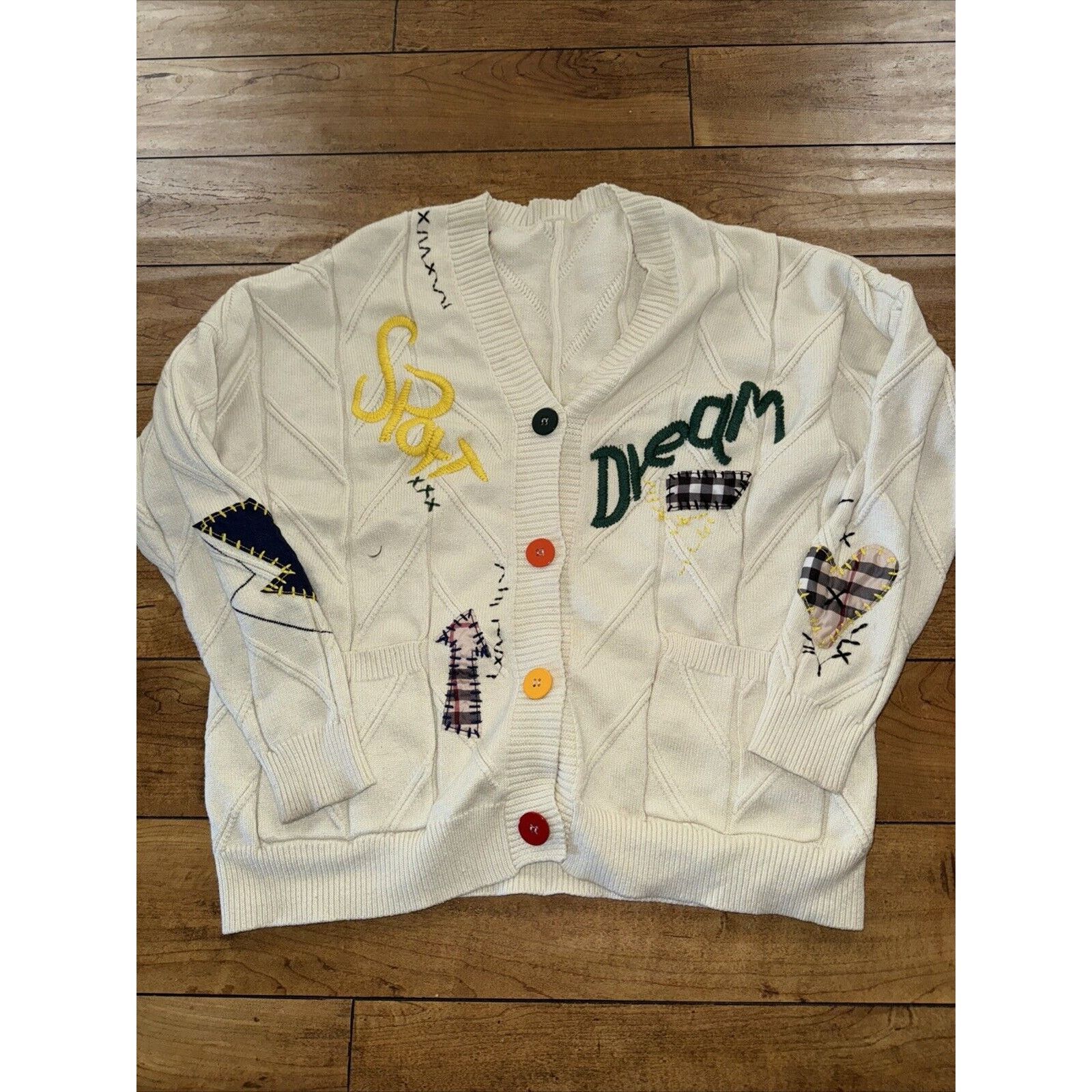 Vintage Ebossy Knitted Cardigan Cream White L 22x23 Patchwork Size L / US 10 / IT 46 - 1 Thumbnail