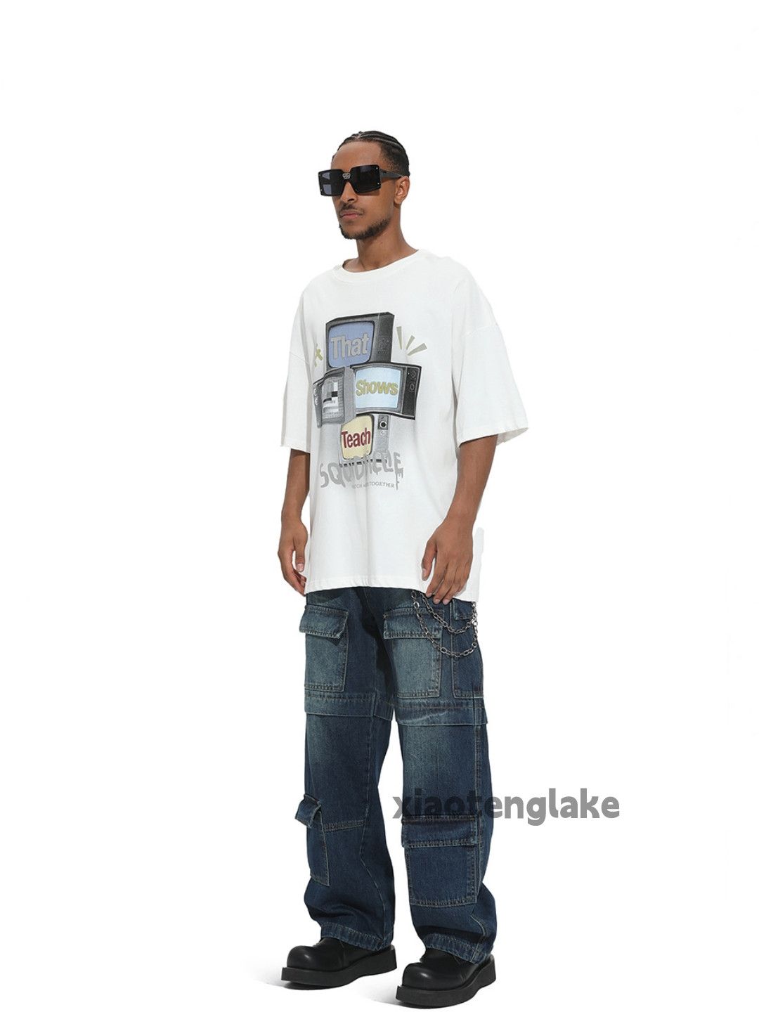 Jean Unisex washed faded loose baggy hiphop cargo jeans Size US 33 - 6 Thumbnail