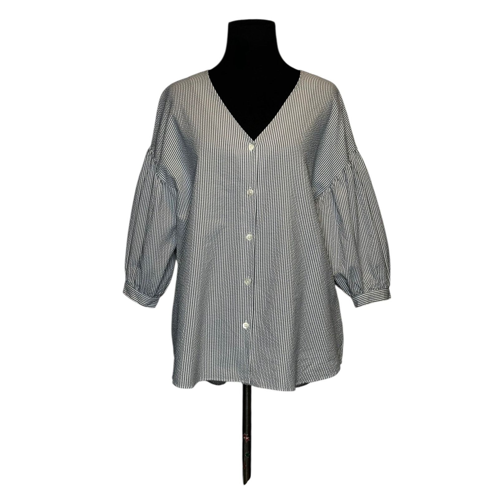 MOUSSY Moussy gray white striped 3/4 sleeves blouse size Free Size Size ONE SIZE - 15 Thumbnail