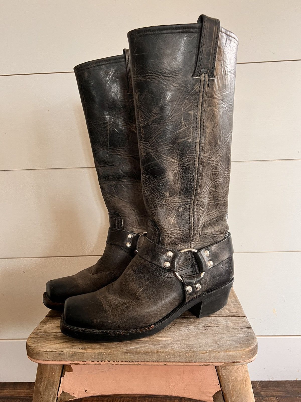 image of Frye Square Toe Buckle Cowboy Boots in Black, Women's (Size 7.5)