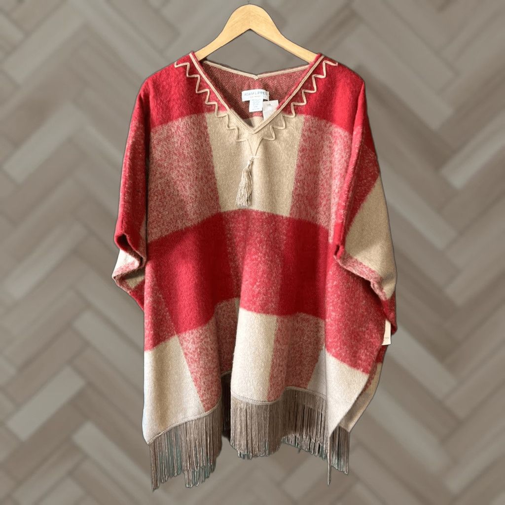 Vintage NWT Adam Lippes Target Plaid Mohair Fringe Trim Tassel Poncho Sweater Red S/M Womens Poncho Fringe Red & Tan 90% Polyester 10% Wool Plaid Bedding Size S / US 4 / IT 40 - 1 Thumbnail