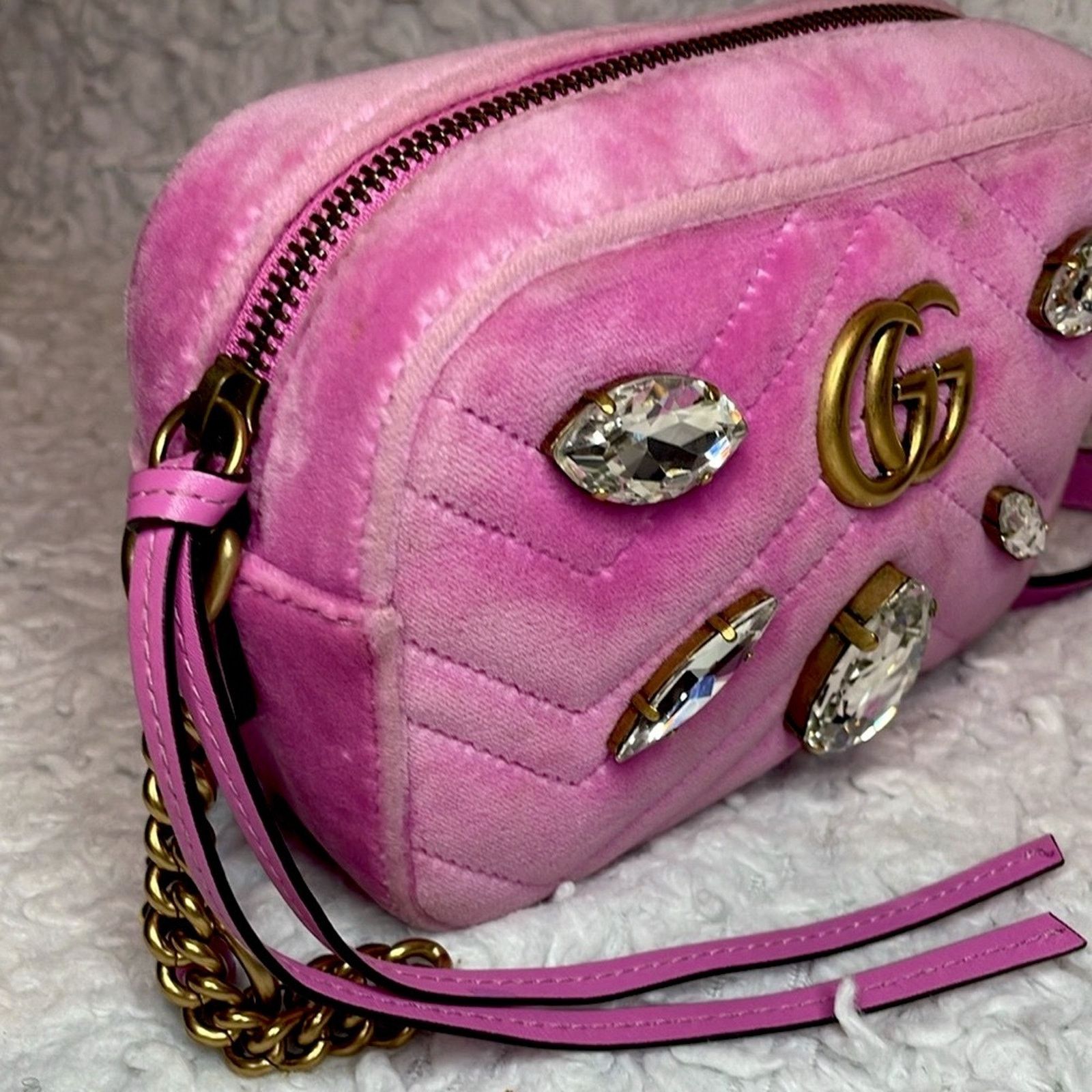 Gucci Gucci GG Marmont Velvet Crystal Mini Bag Pink 448065 Size ONE SIZE - 3 Thumbnail