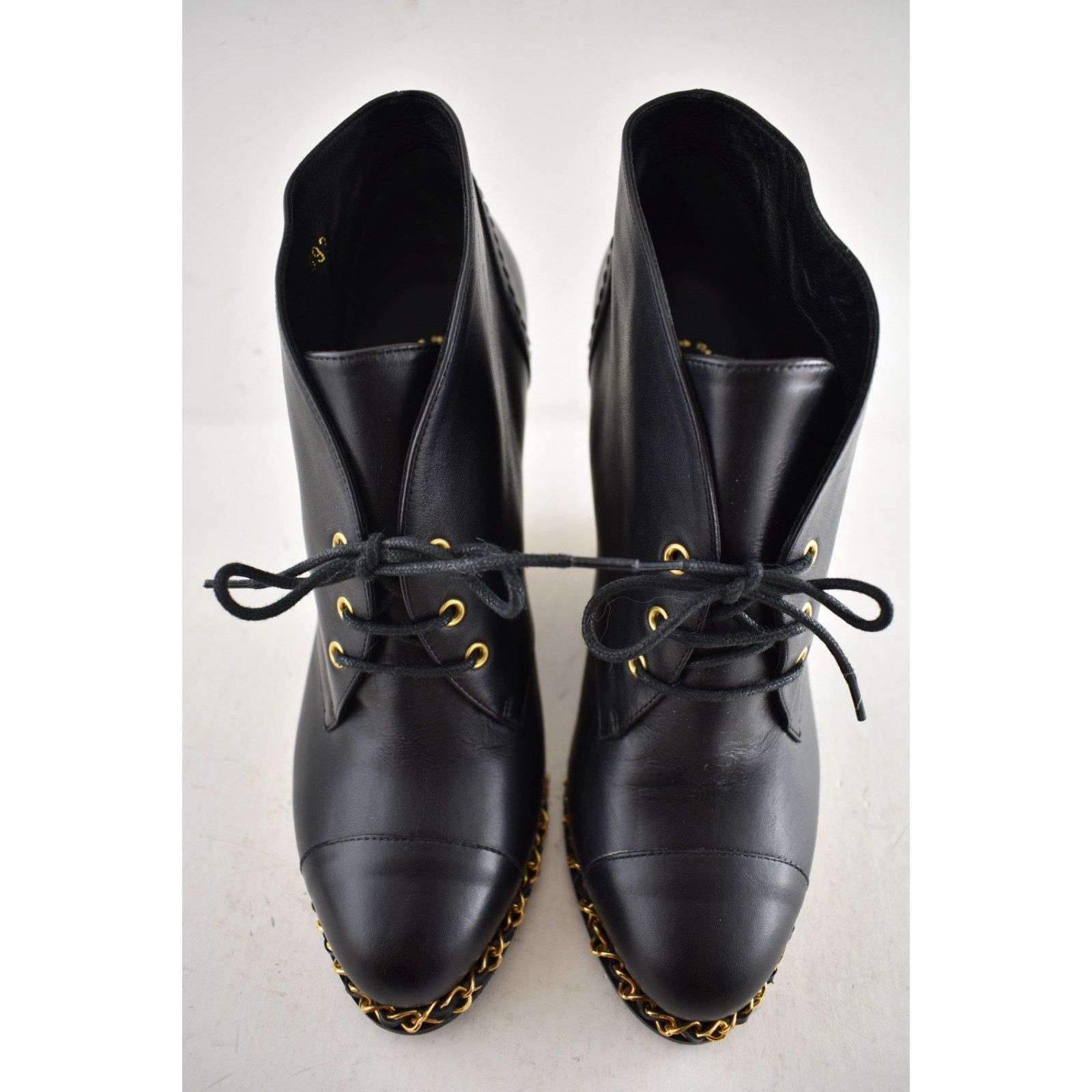 Chanel Chanel Black Leather Chain CC Lace Up Ankle Wedge Boot 38.5 Size US 8.5 / IT 38.5 - 8 Thumbnail