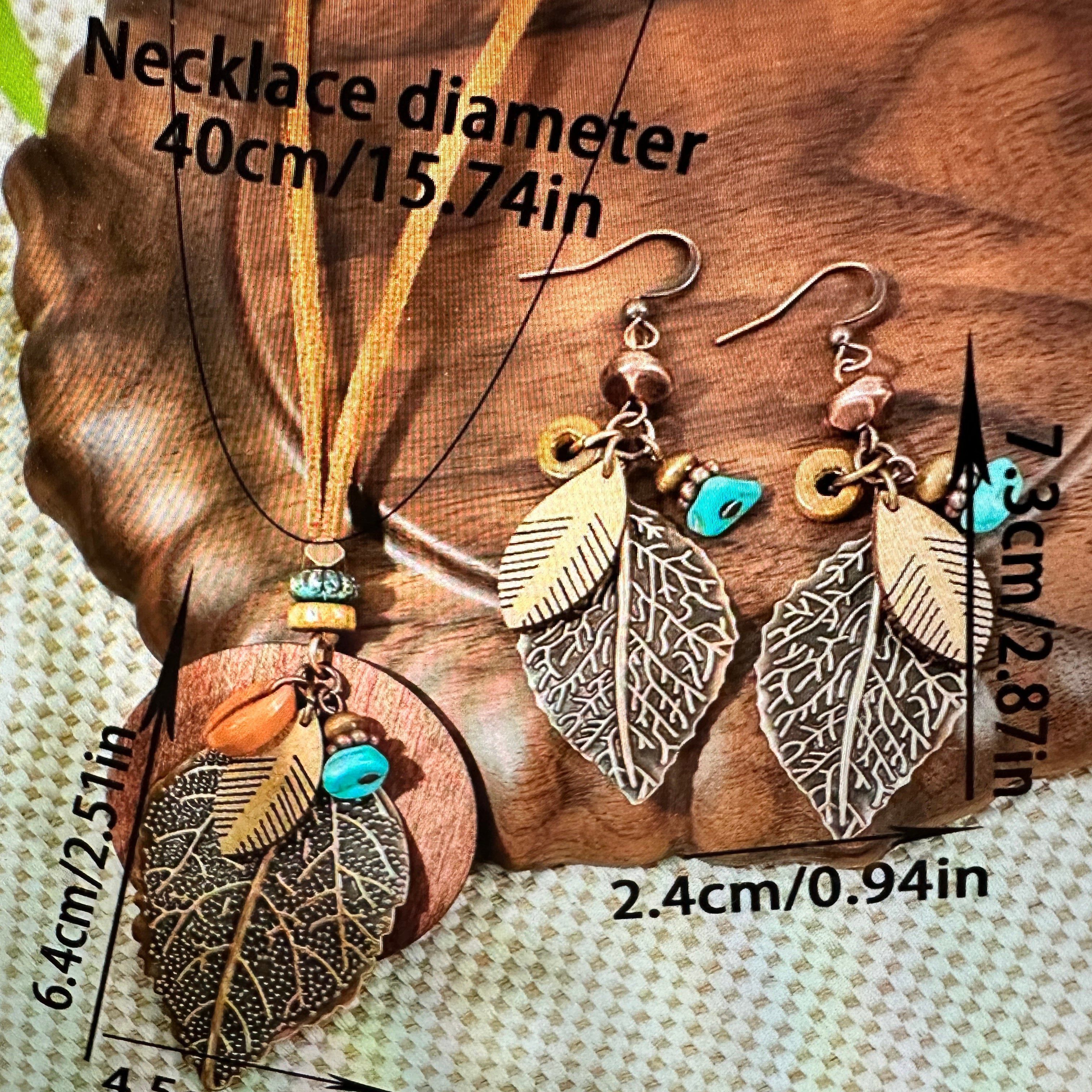 Other Bohemian Retro Copper Leaf Pendant Necklace Earrings Set For Size ONE SIZE - 4 Thumbnail