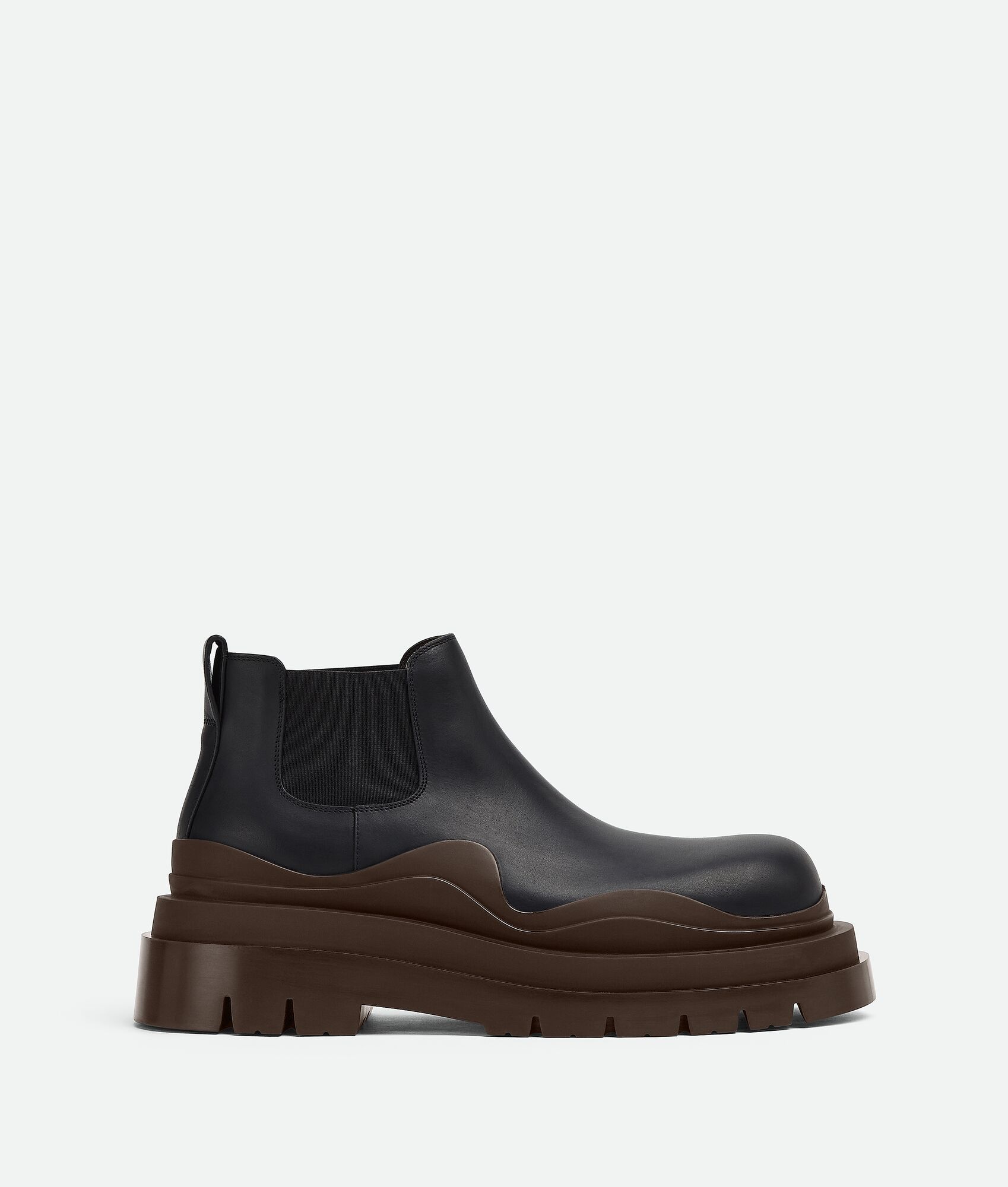 Black Tire Chelsea Ankle Boots with dark brown sole