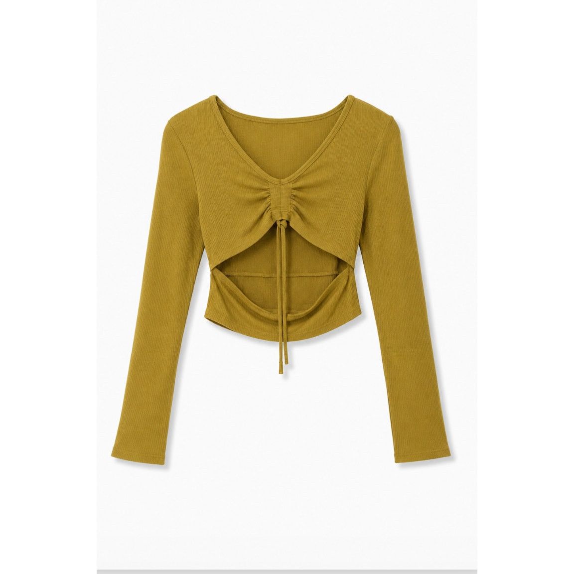 Other Olive Mustard Ribbed Knit Cutout Crop Top Ruched Front Small Size S / US 4 / IT 40 - 2 Thumbnail