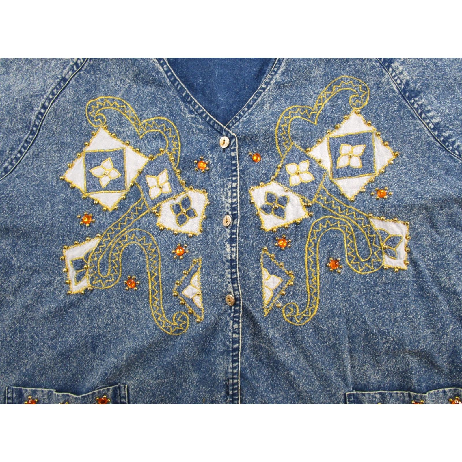 Denime VINTAGE Z Club Denim Shirt Blouse Short Sleeve Women 22-24 Blue 80s Embroidered Jeanswear Bling Jewels Shirts Womens Size 3XL / US 20-22 - 2 Thumbnail