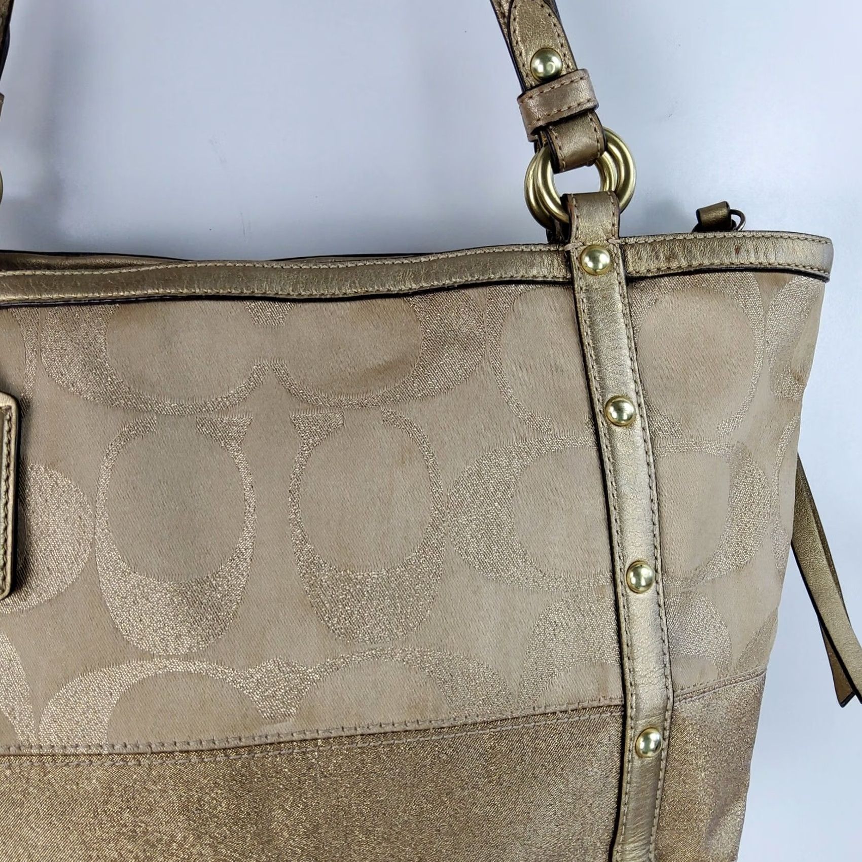 Coach Coach Signature Stripe Studded Lurex Tote Gold 12905 Shoulder Handbag Purse, Medium, Women, Tote, Gold, Striped, Bag Charm Size ONE SIZE - 5 Thumbnail