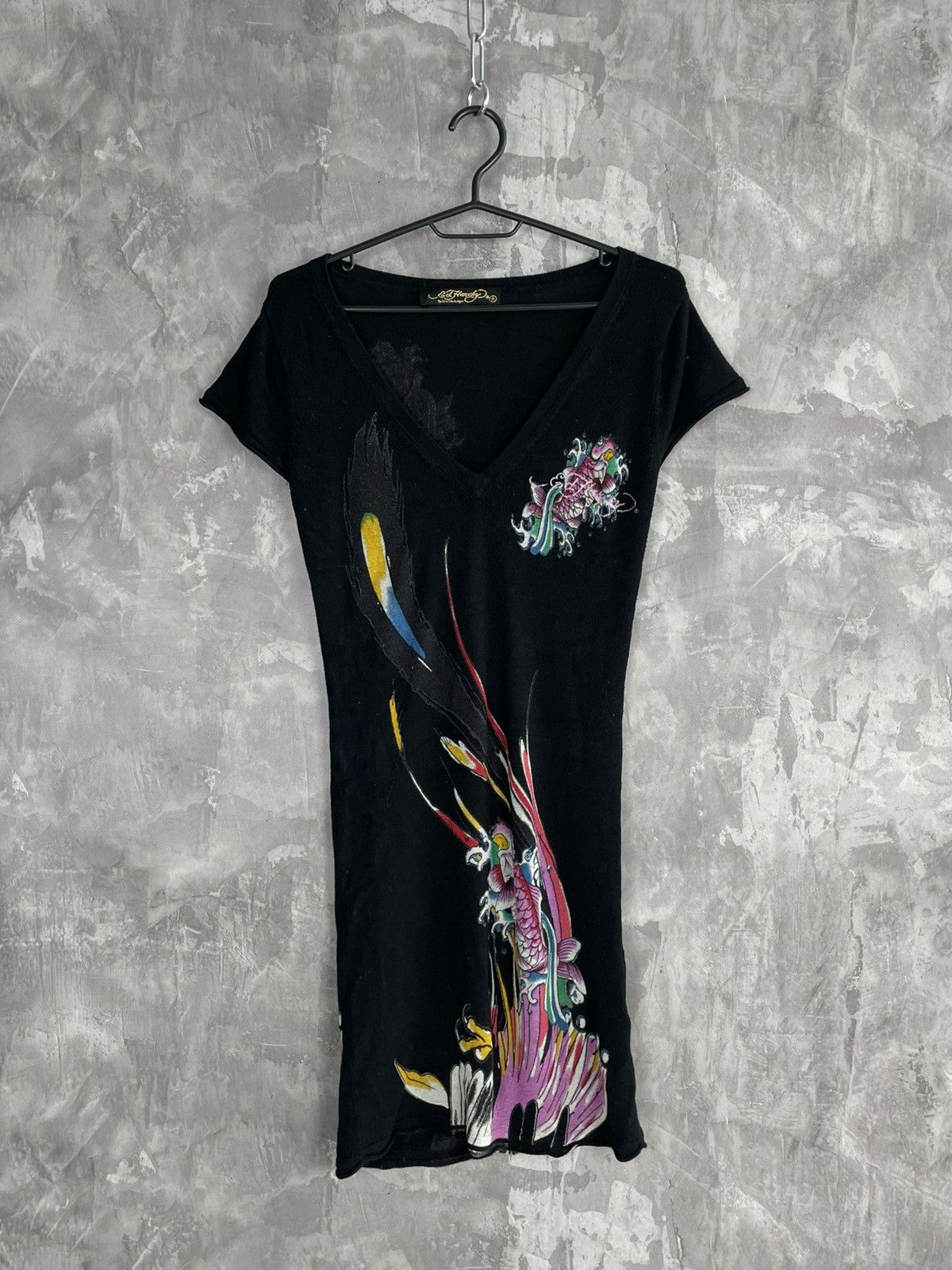 Christian Audigier × Ed Hardy 00s Ed Hardy Tattoo Print Glamour Rayon Y2K Dress Size S / US 4 / IT 40 - 2 Thumbnail