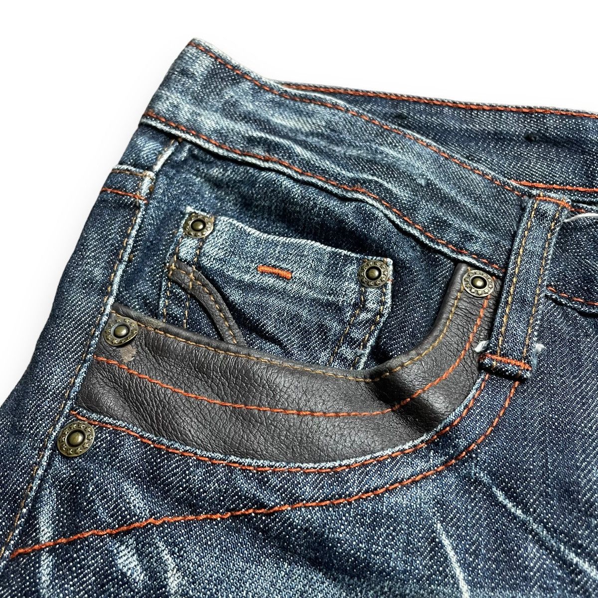 🇯🇵 SUPER FLARE BACK NUMBER LEATHER POCKET DENIM PANTS
