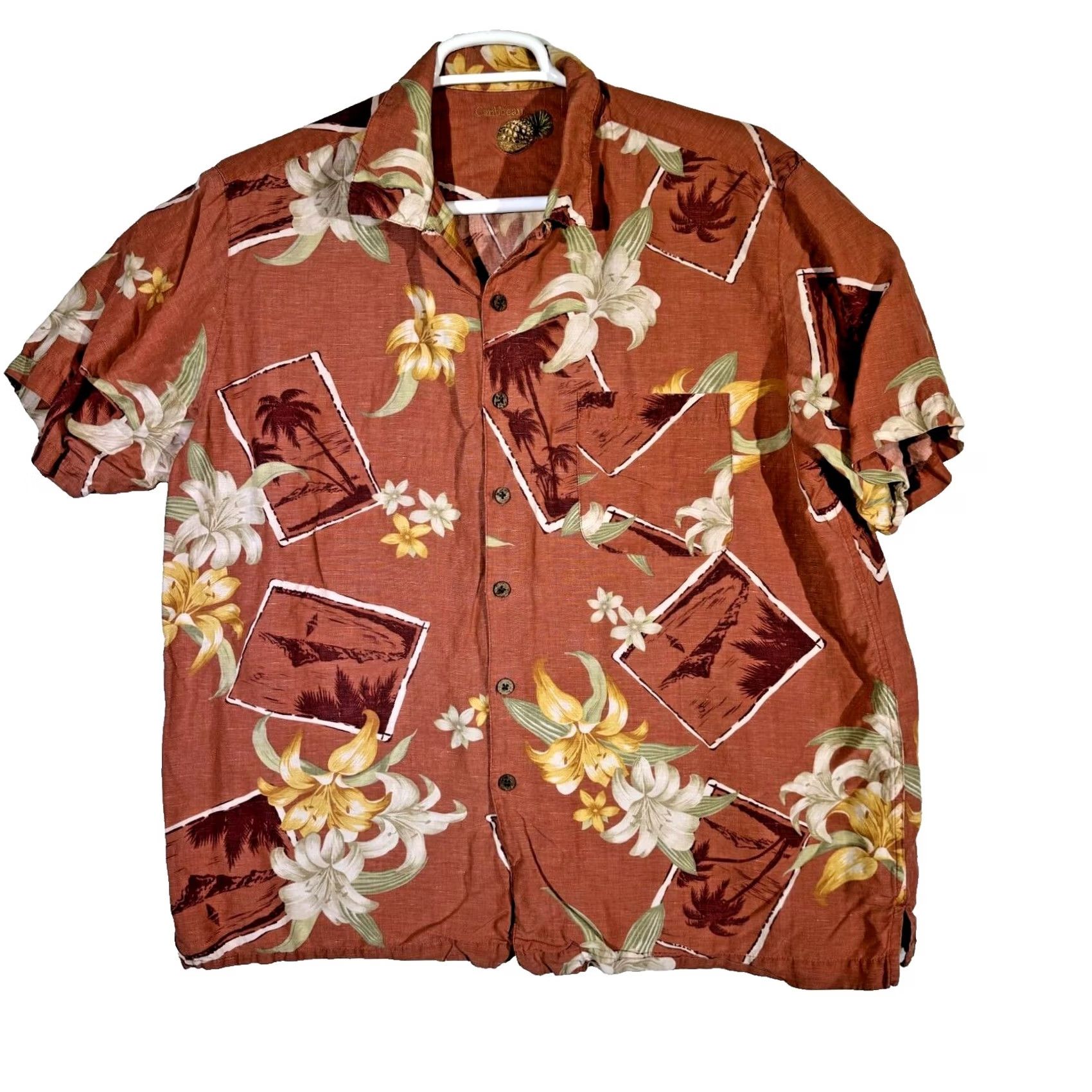 Vintage Caribbean Hawaiian Shirt XL Brown Silk-Linen Floral Button-Up Short Sleeve Men's Regular Size US XL / EU 56 / 4 - 2 Thumbnail