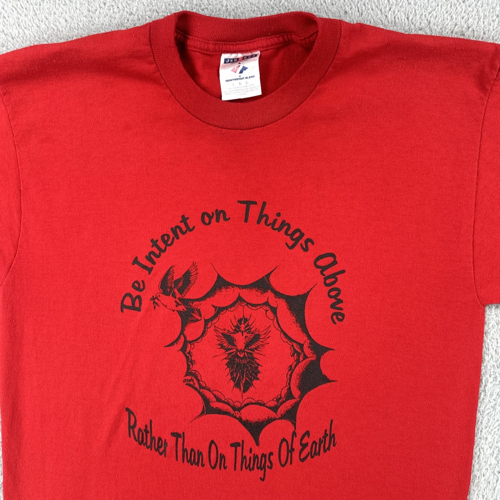 Jerzees VINTAGE Jerzees T-Shirt Red Crew Neck Short Sleeve Large USA Church 2002 Archdiocese Of Santa Fe NM Mens Size US L / EU 52-54 / 3 - 6 Thumbnail