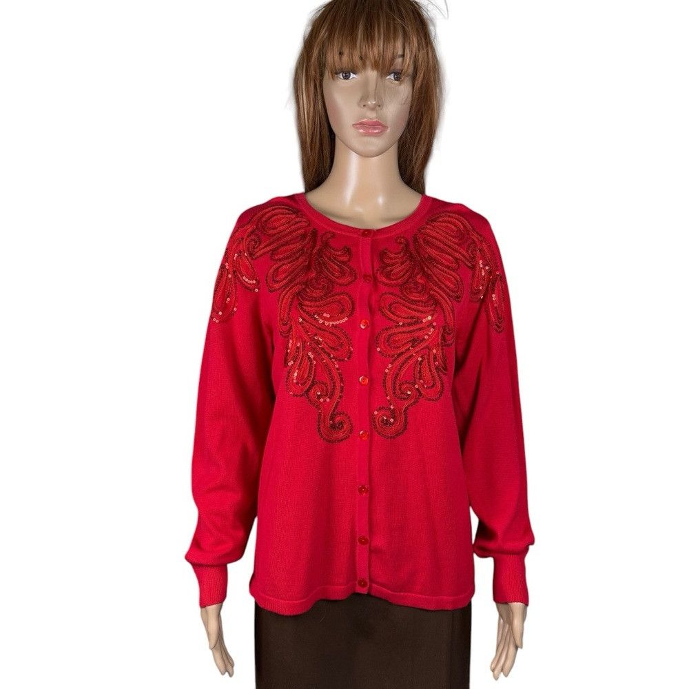 Bob Mackie Vintage Bob Mackie Embroidered Sequin Cotton Red Cardigan S Size L / US 10 / IT 46 - 1 Thumbnail