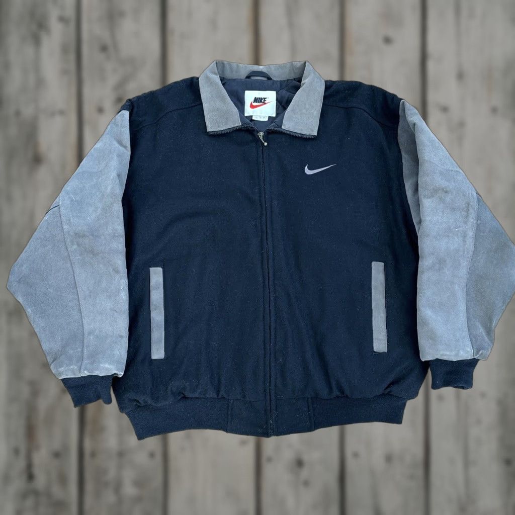 Nike VINTAGE Nike Air Black Gray Leather Letterman Varsity Jacket Men’s XL Swoosh 1990s Size US XL / EU 56 / 4 - 1 Thumbnail