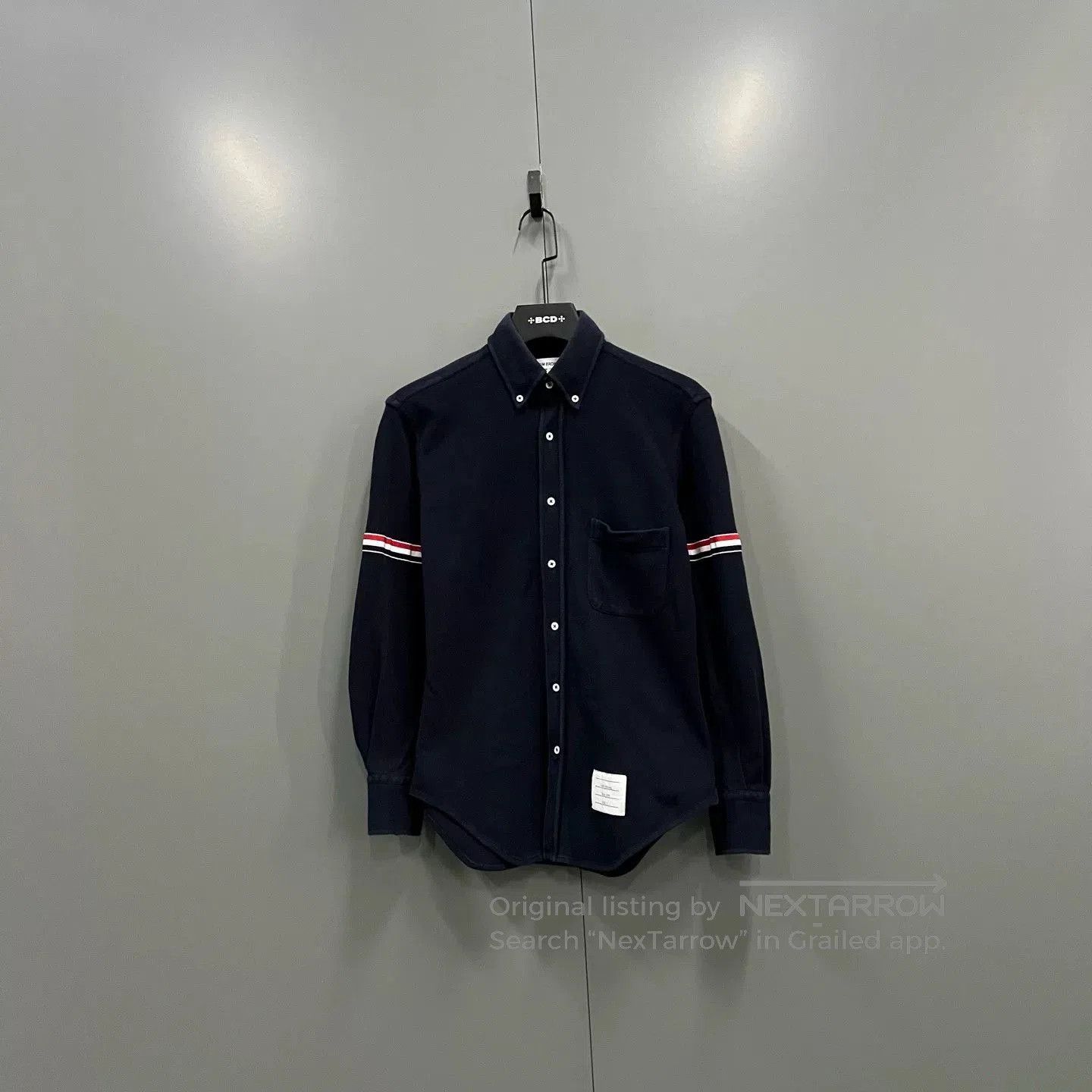 thom browne navy striped long sleeve shirt.