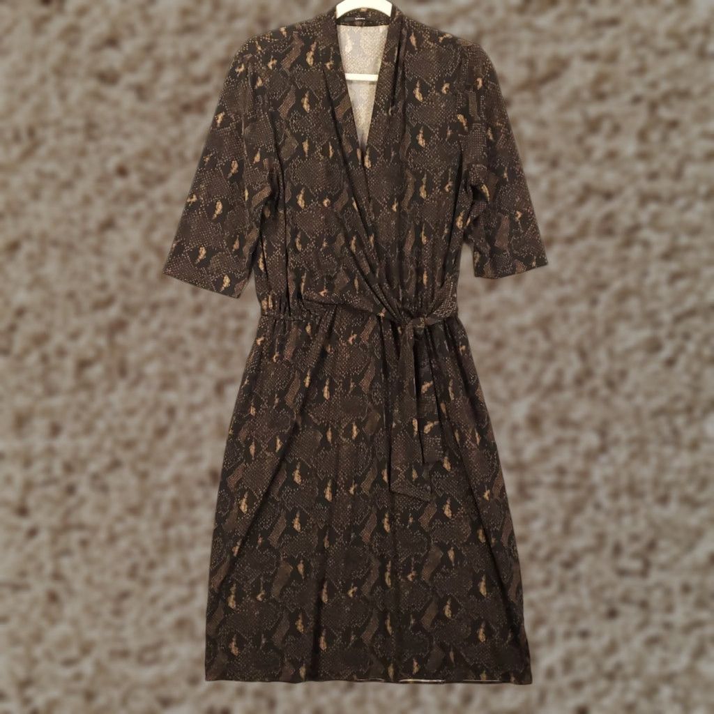 Vintage Tahari Dress Womens Large Black Brown Snake Print Faux Wrap V-Neck Stretch Size L / US 10 / IT 46 - 1 Thumbnail