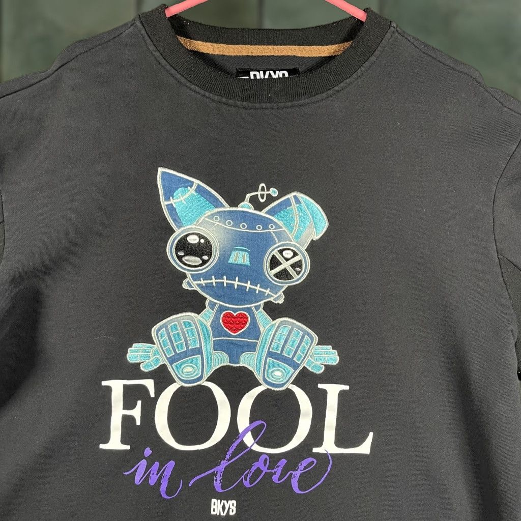 Vintage BKYS Sweatshirt Mens XL Black Fool In Love Robot Cat Graphic Pullover Crewneck Size US XL / EU 56 / 4 - 1 Thumbnail