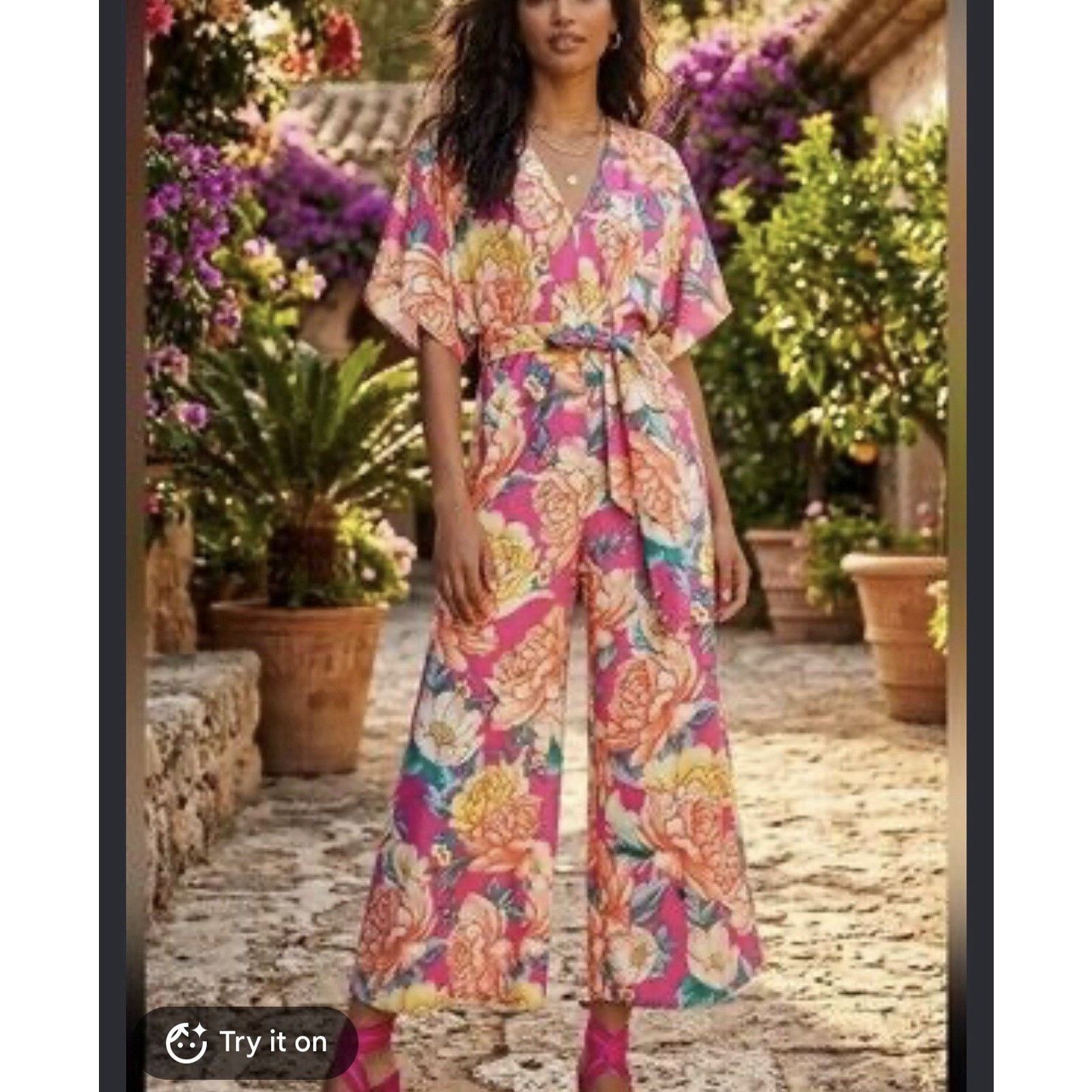 Farm Rio Anthropologie Eulalie Pink Floral Wide-Leg Jumpsuit, Women's (Size 27)