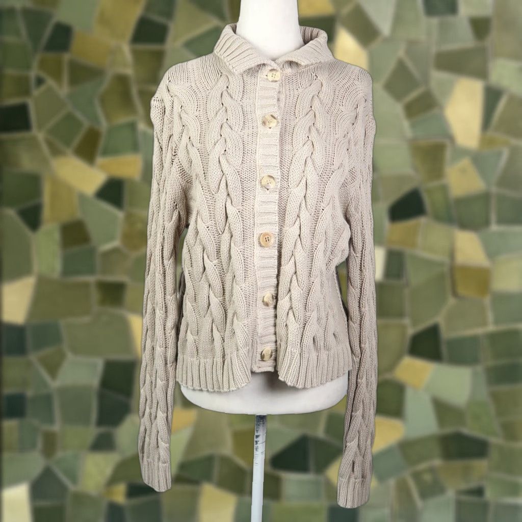 Vintage VINTAGE BKG & Company Tan Cotton Cable Knit Cardigan Sweater Women One Size Regular Long Sleeve Fall Winter 90s Size ONE SIZE - 1 Thumbnail