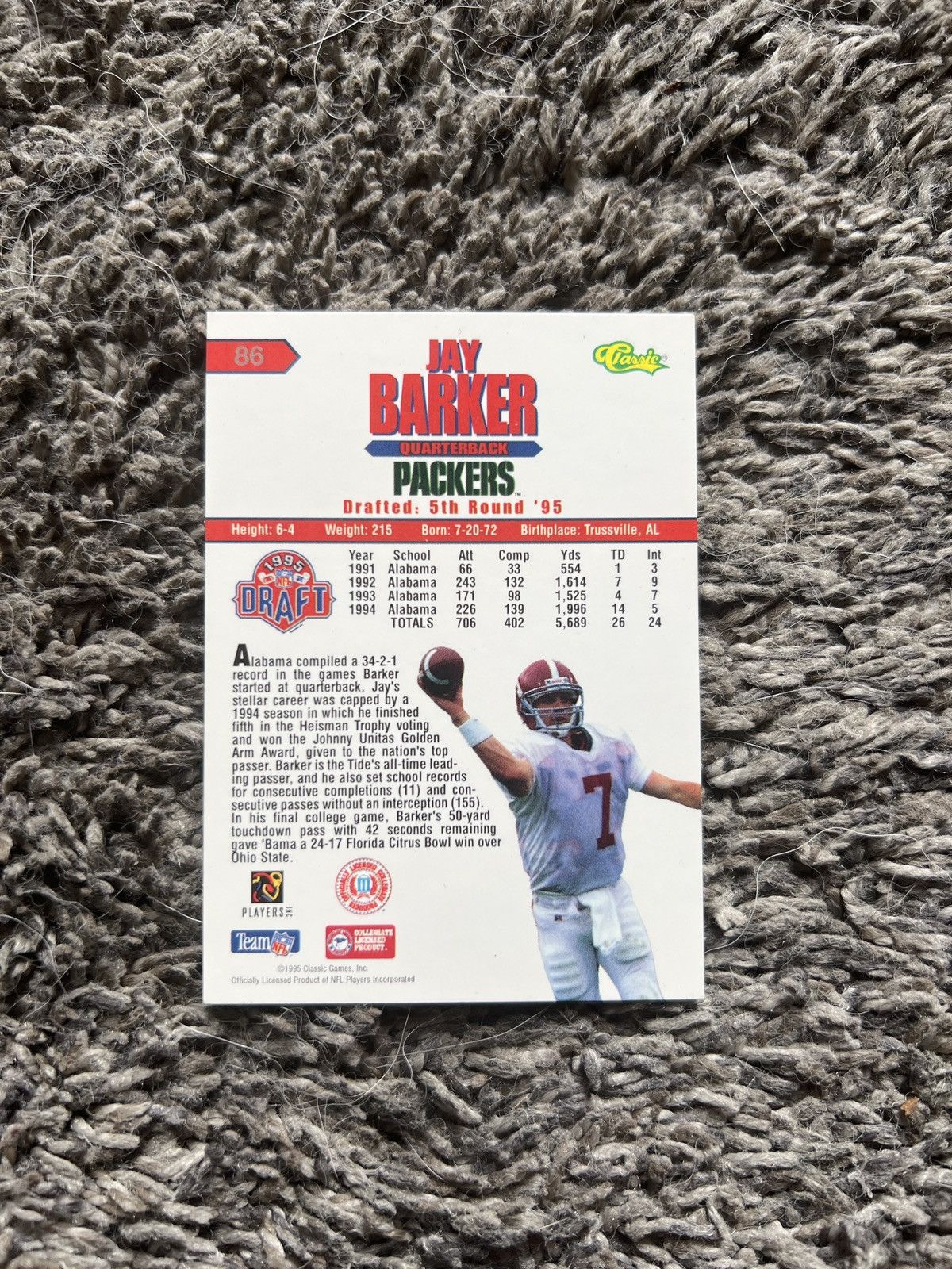 NFL 1995 Classic #86 Jay Barker Card Size ONE SIZE - 2 Thumbnail
