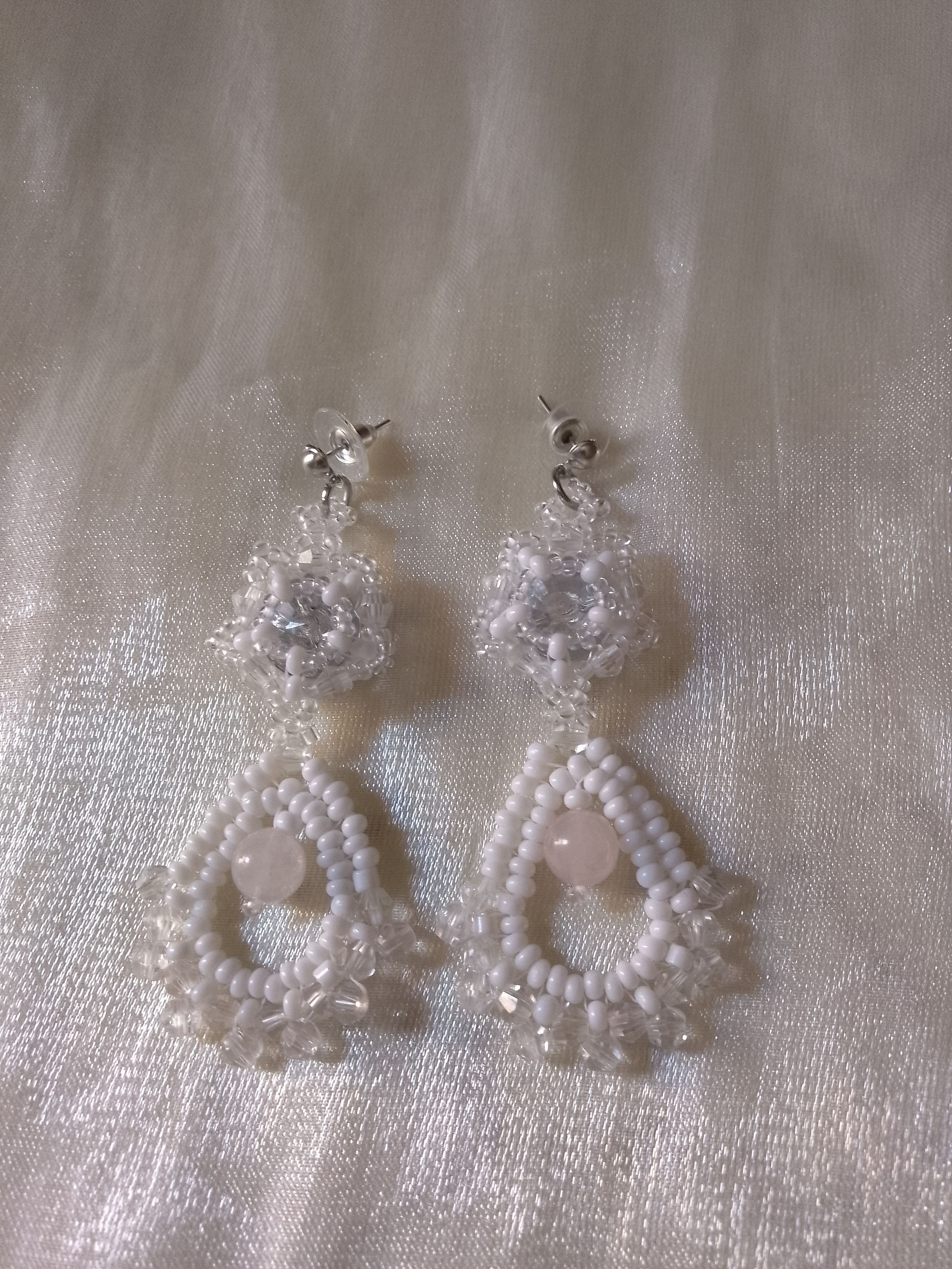Handmade White Earrings bell shape Rose quartz gemstones Size ONE SIZE - 4 Thumbnail