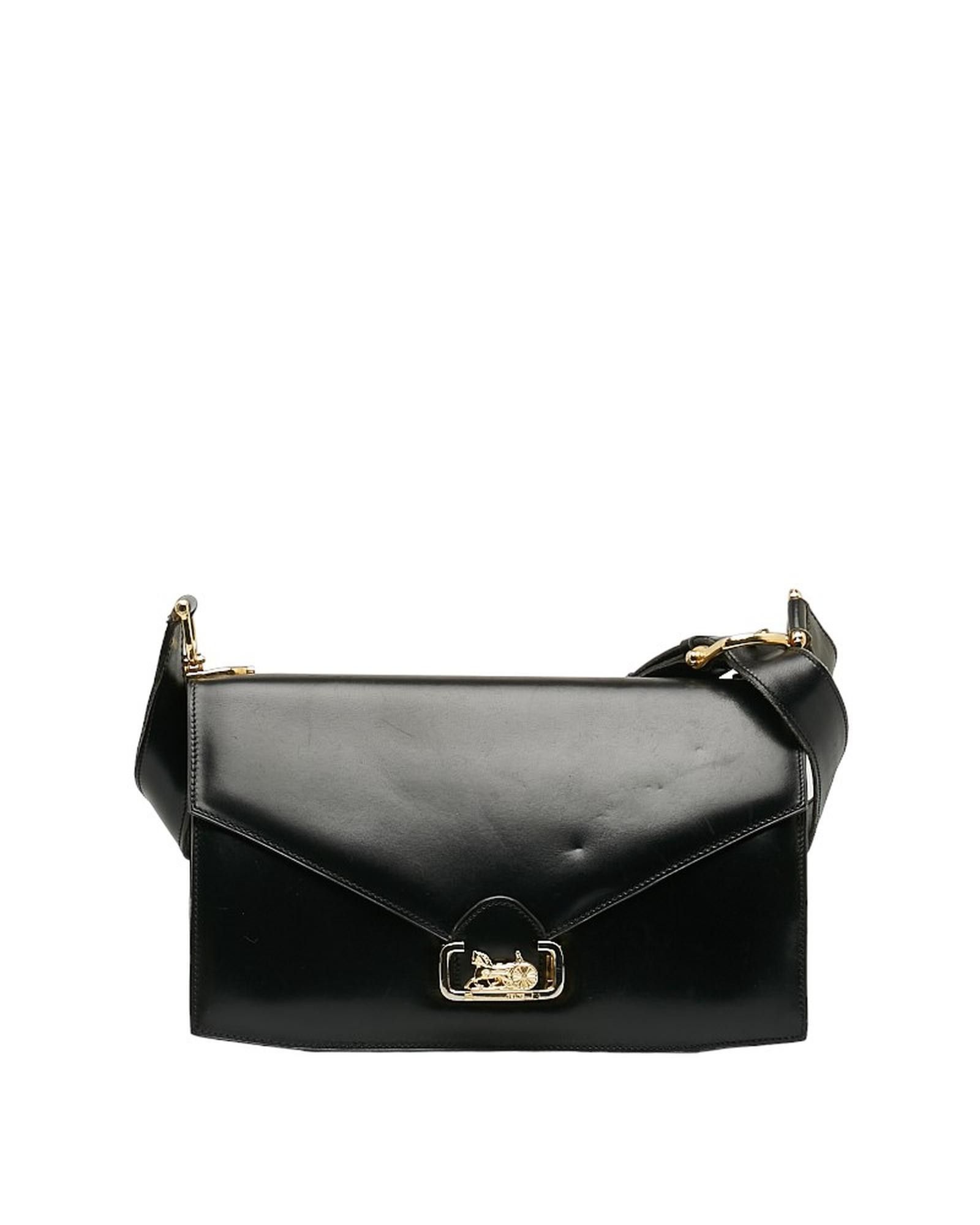 image of Celine Black Leather Carriage Shoulder Bag In Excellent Condition, Women's