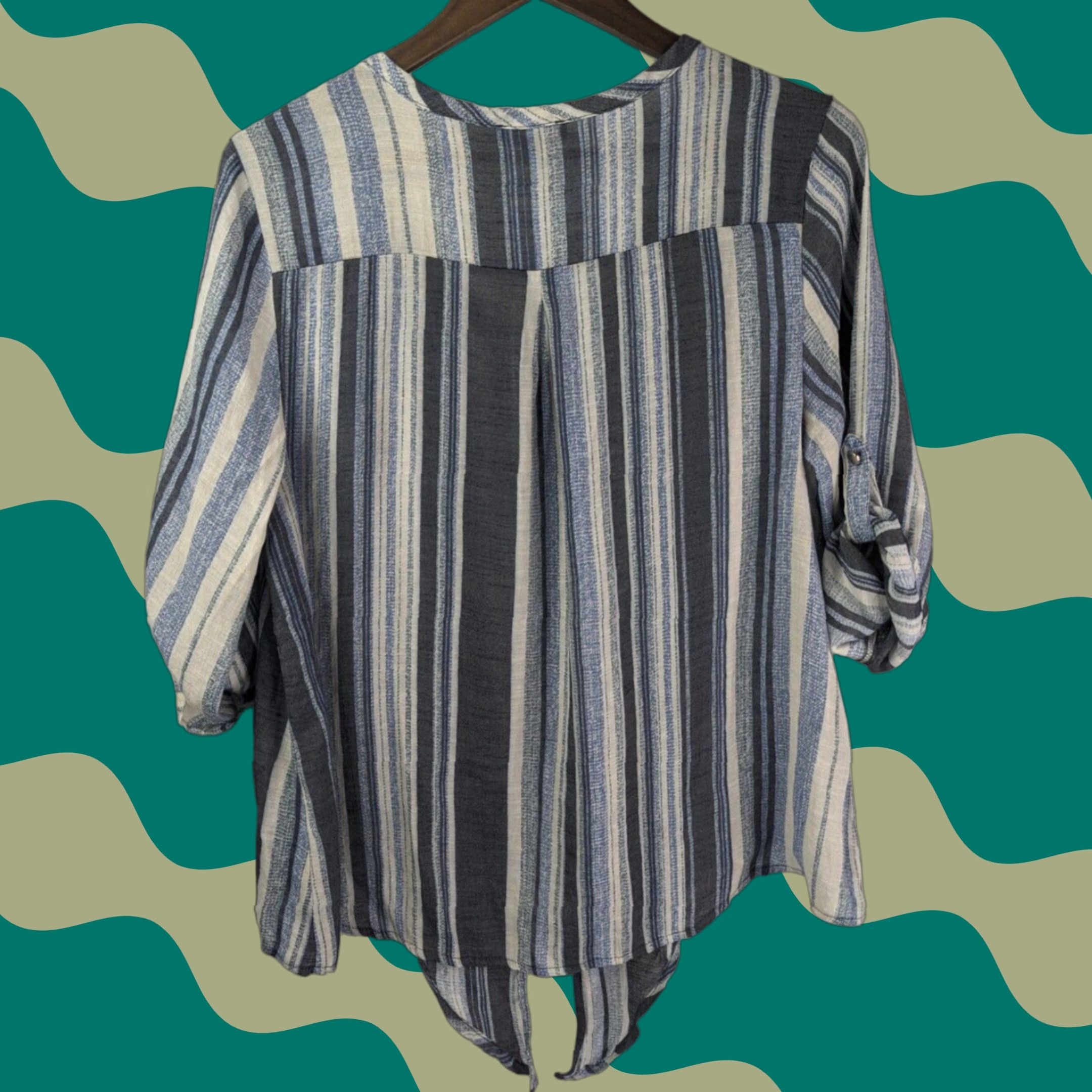 Vintage Cocomo Shirt Women L Beige Blue Striped Tie Waist Roll Tab Sleeve V-Neck Casual Workwear Size L / US 10 / IT 46 - 1 Thumbnail