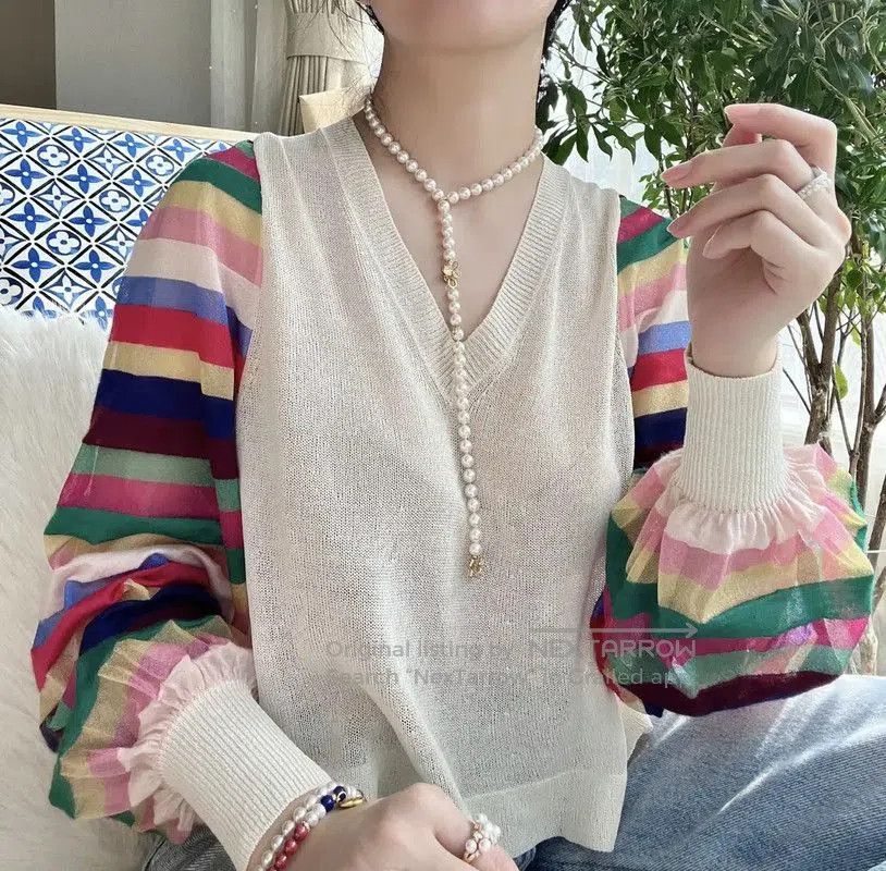 Chanel Chanel Multicolor Striped V-Neck Long Sleeve Sweater . Size S / US 4 / IT 40 - 1 Thumbnail