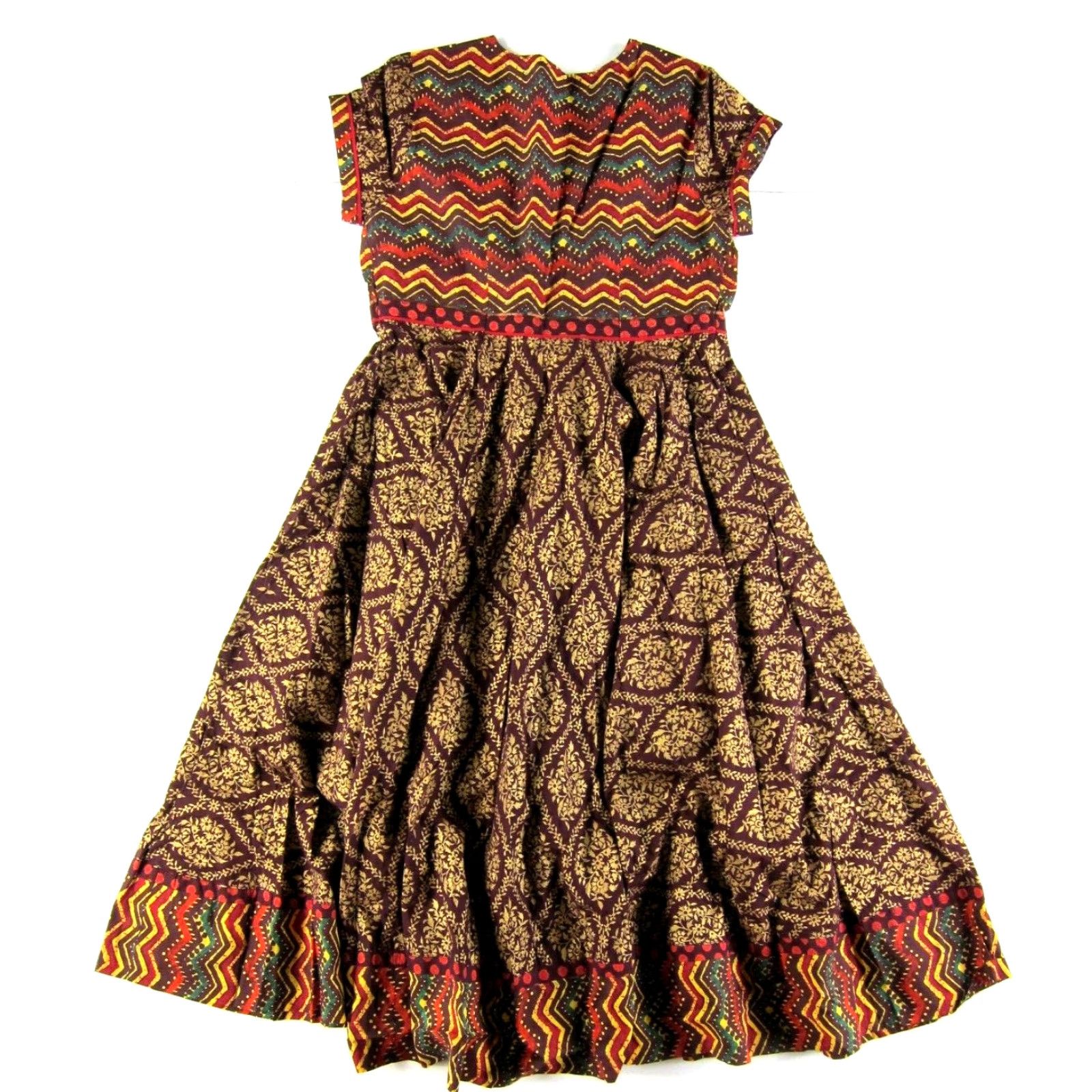Vintage BIBA Cotton Floral V-Neck Short Sleeve Midi Kurta Dress XS Brown Green Red Women's Fashion Size 26" / US 2 / IT 38 - 2 Thumbnail