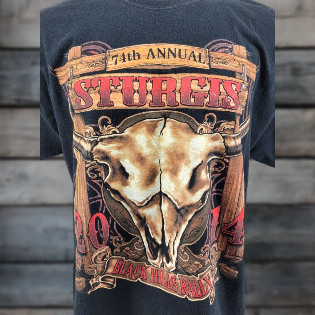 Gildan Sturgis 74th Black Hills Rally 2014 Mens T-Shirt XL Black Motorcycle Rally Gildan Shirt Mens XL Black Sturgis 2010s Size US XL / EU 56 / 4 - 1 Thumbnail