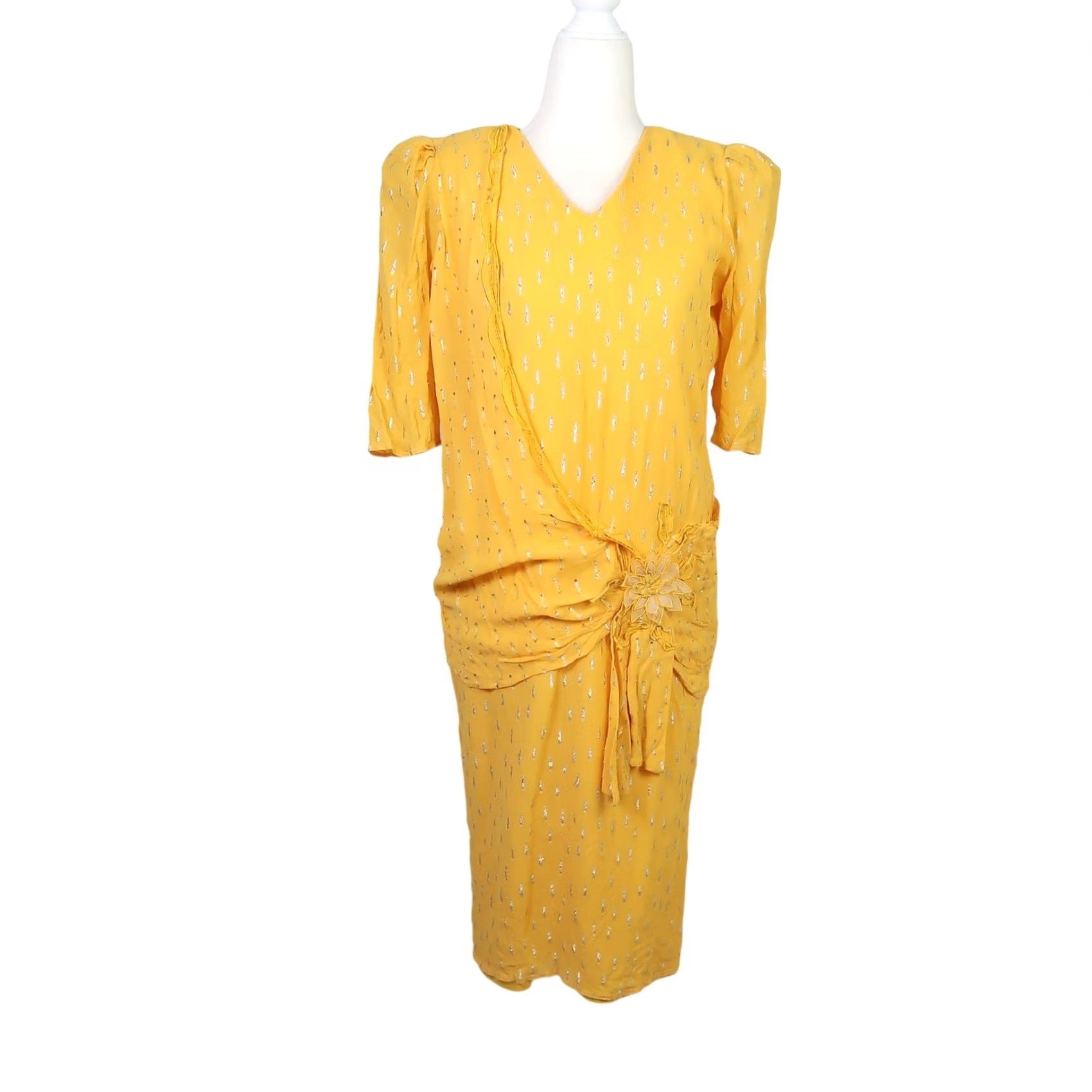 Vintage VINTAGE Cream Purse dress M yellow silk and metallic silver midi party 80s Size M / US 6-8 / IT 42-44 - 2 Thumbnail