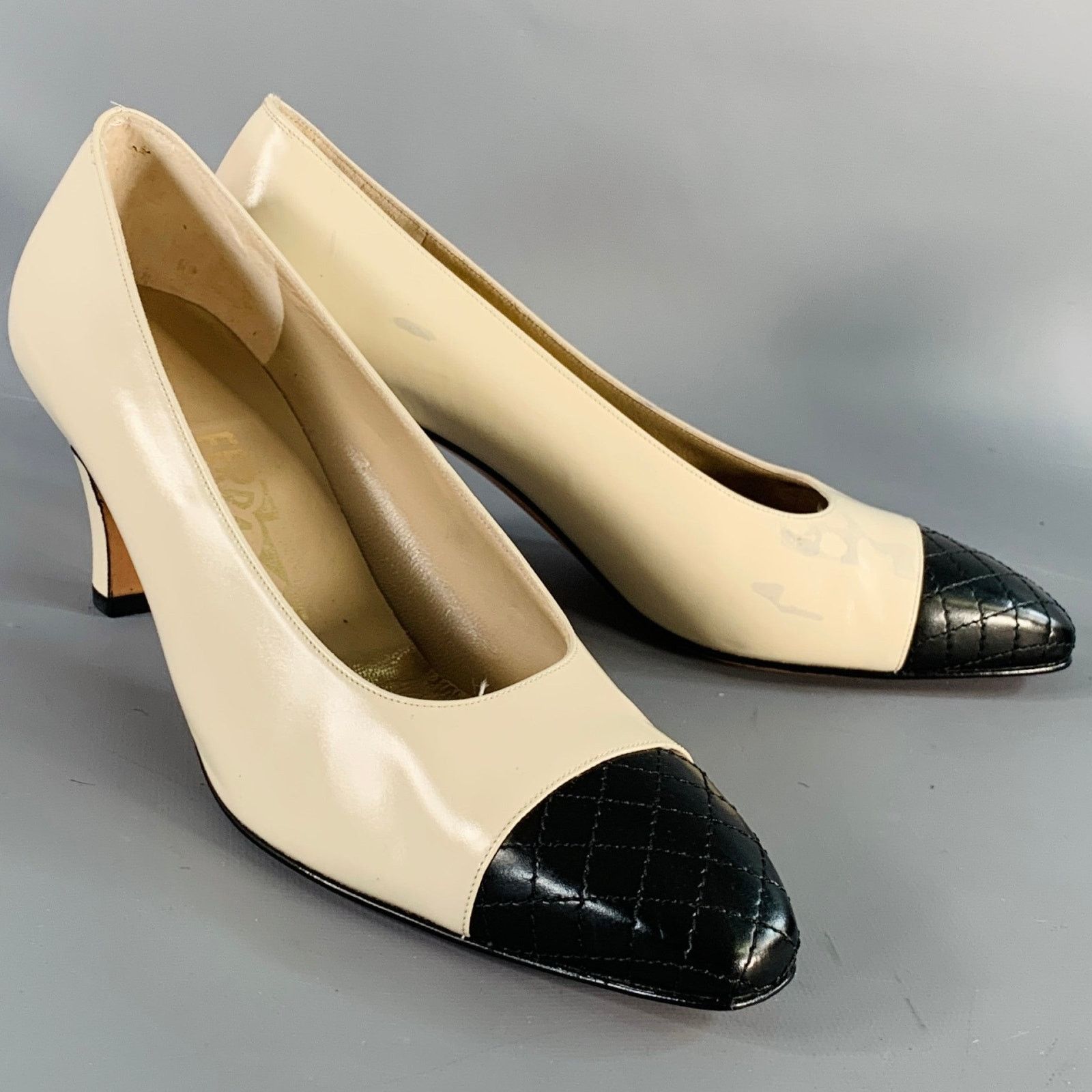 Salvatore Ferragamo Size 9 Beige Black Leather Quilted Cap Toe Pumps Size US 9 / IT 39 - 1 Thumbnail