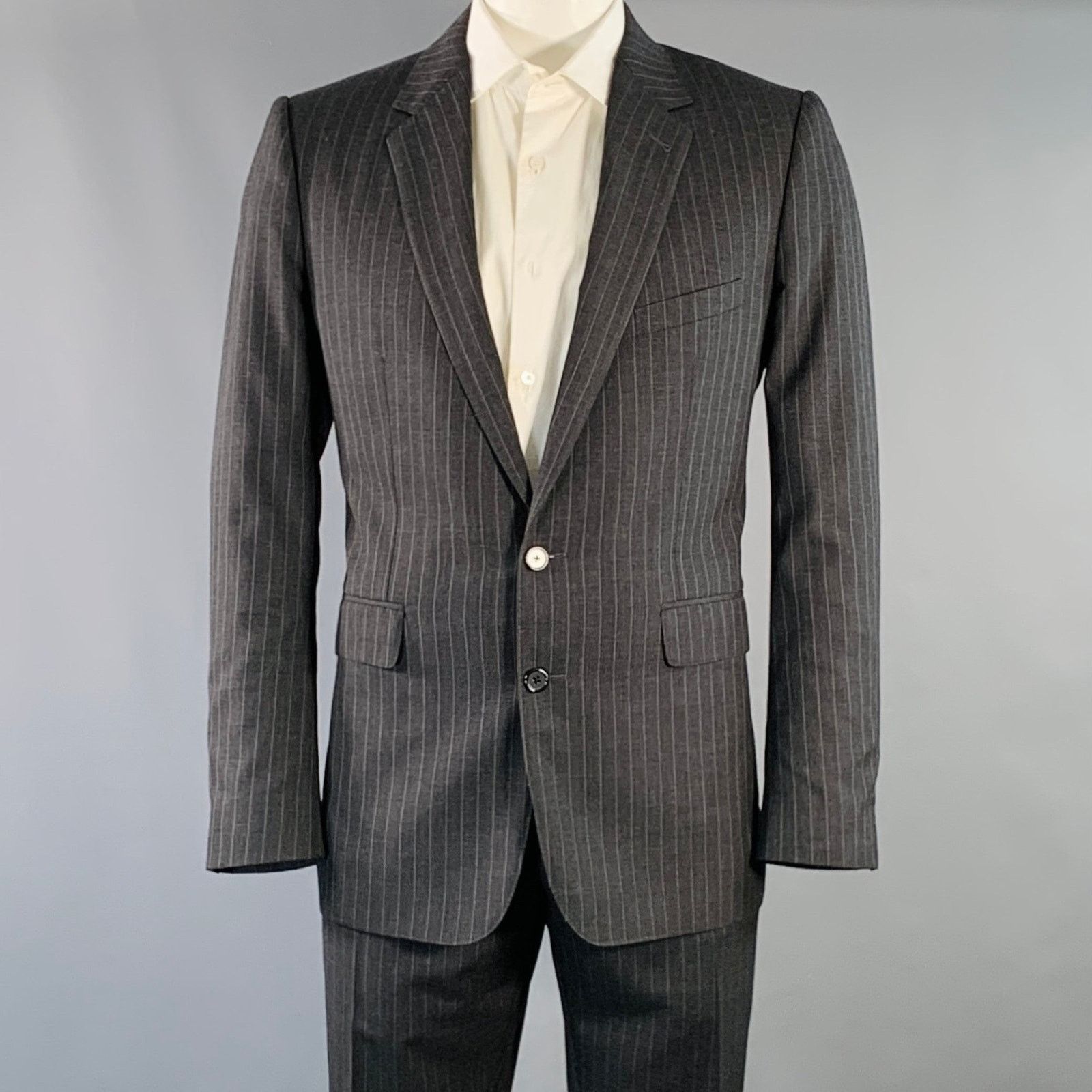Size 44 Regular Grey Charcoal Stripe Wool Polyester Suit