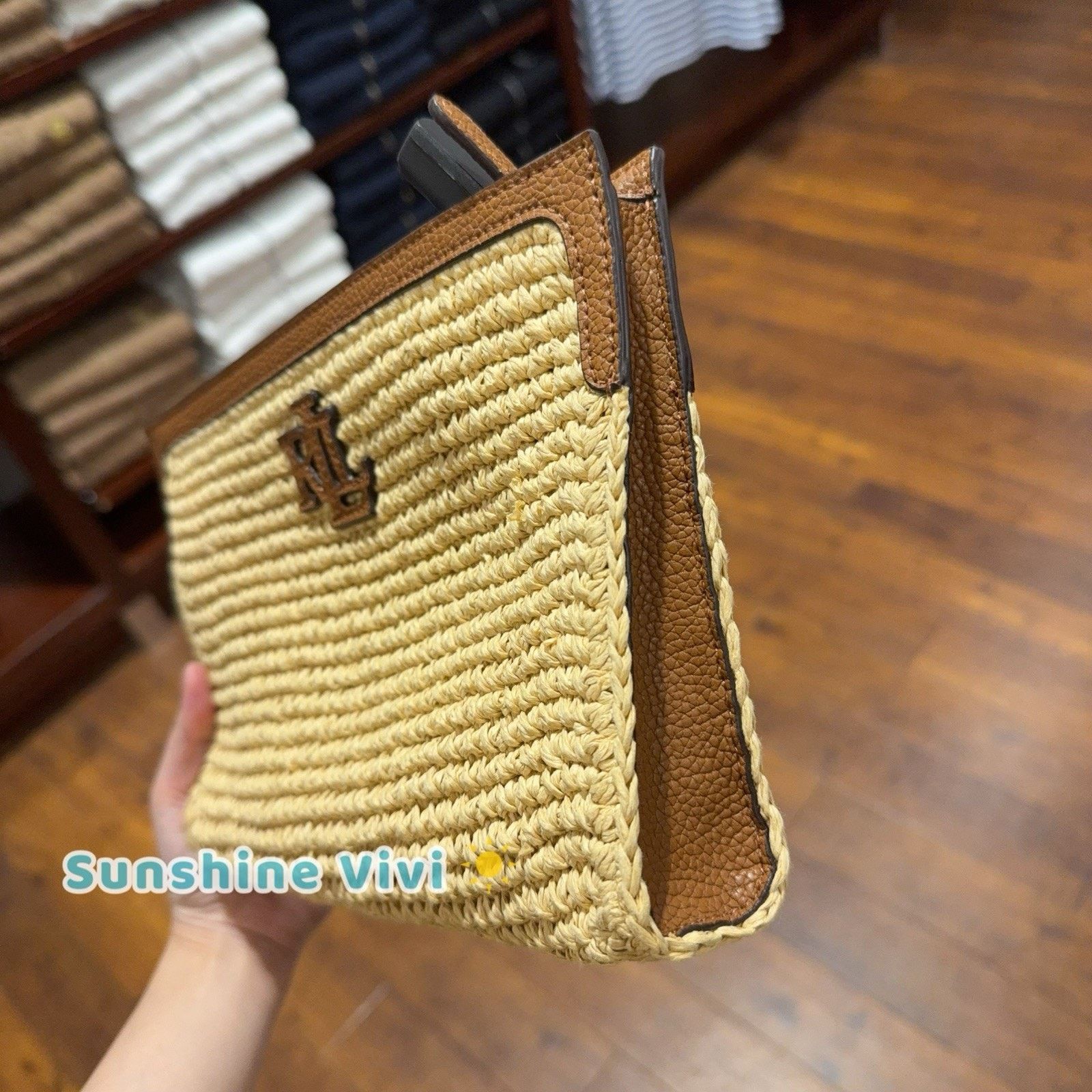 Lauren Ralph Lauren NWT Ralph Lauren Large Adley Straw Leather Pouch Natural Tan Size ONE SIZE - 3 Thumbnail