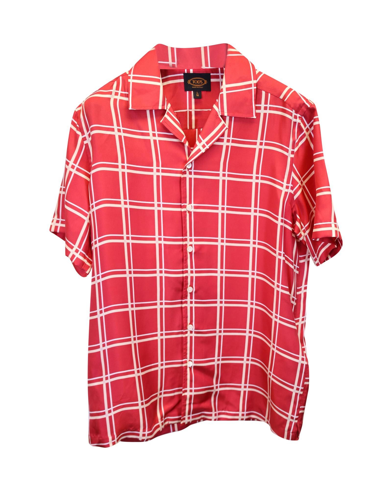image of Red Checkered Silk Short Sleeve Shirt By Tods, Men's (Size Large)