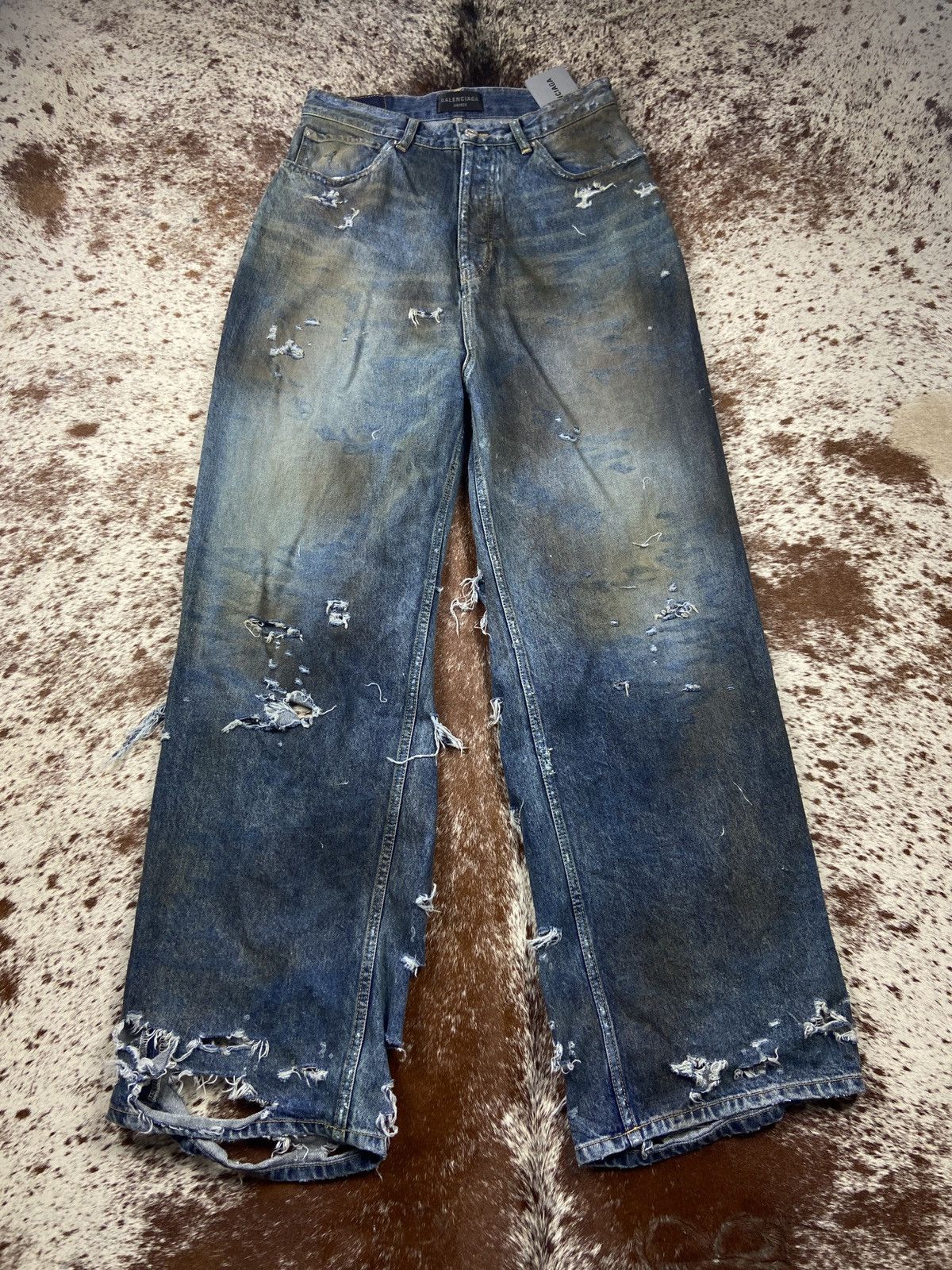 $2450 Balenciaga Blue Super Destroyed Baggy Denim Jeans XS