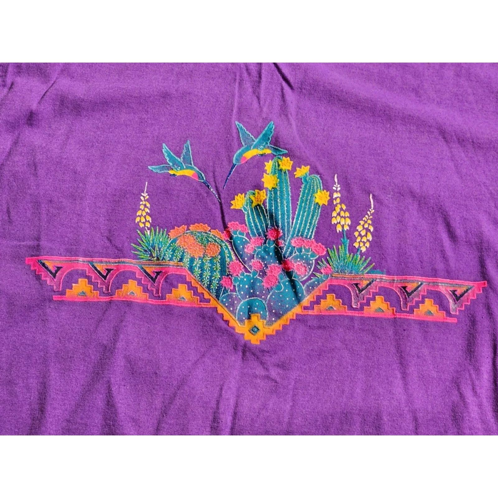 Fruit Of The Loom VINTAGE 90s Fruit of the Loom T-Shirt Mens L Purple Cactus Hummingbird Flowers Graphic Print Short Sleeve Crew Neck 90s Nature Retro Boys Mens Size US L / EU 52-54 / 3 - 5 Thumbnail