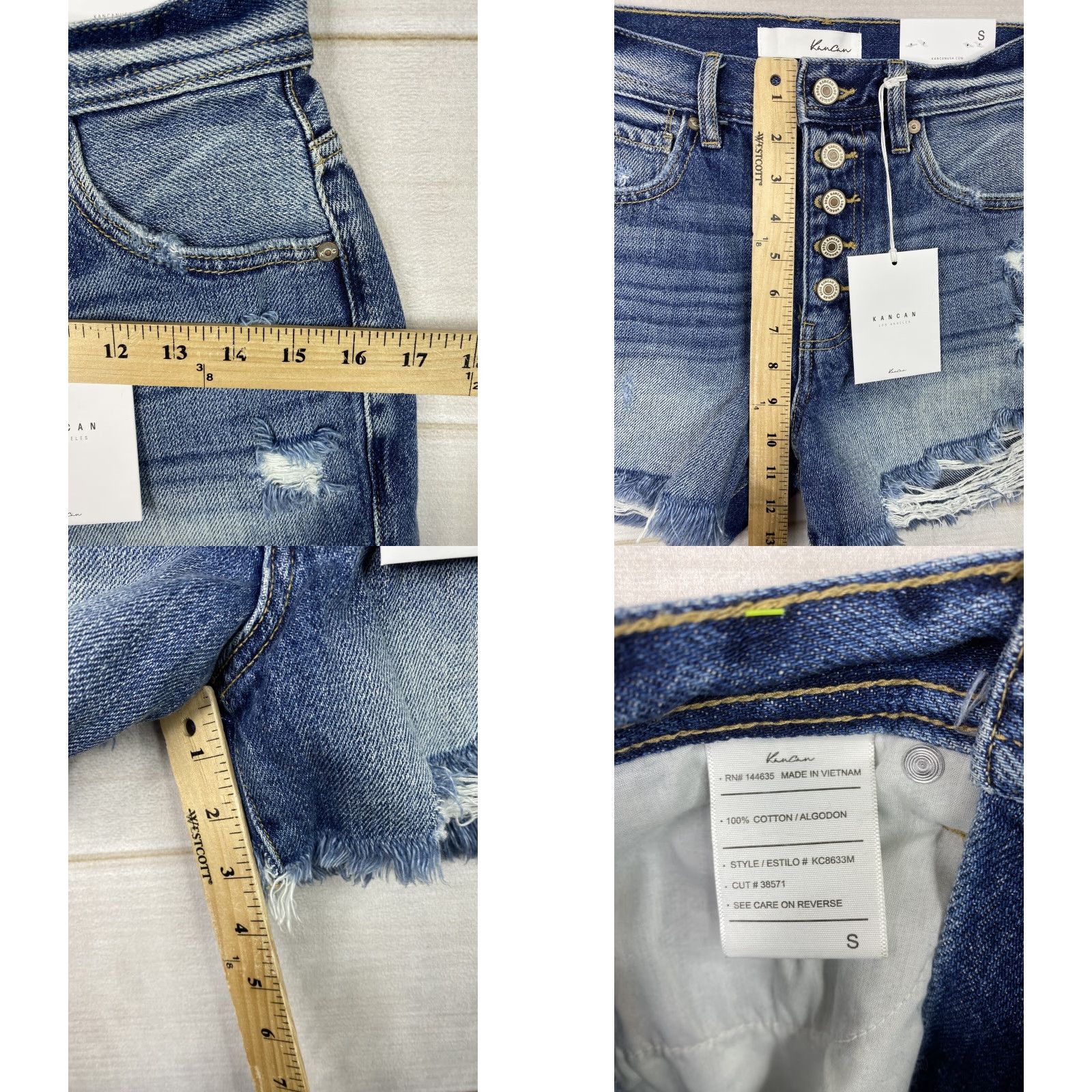 Vintage KanCan Shorts Womens Sz S Dark Wash Denim Distressed High Rise Button Fly NWT Size 28" / US 6 / IT 42 - 8 Thumbnail