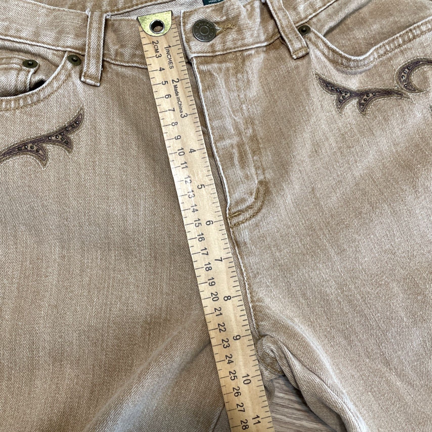 Vintage Lauren Jeans Co. Womens Stretch Bootcut Jeans Embroidered Tan Size 6 Size 28" / US 6 / IT 42 - 6 Thumbnail