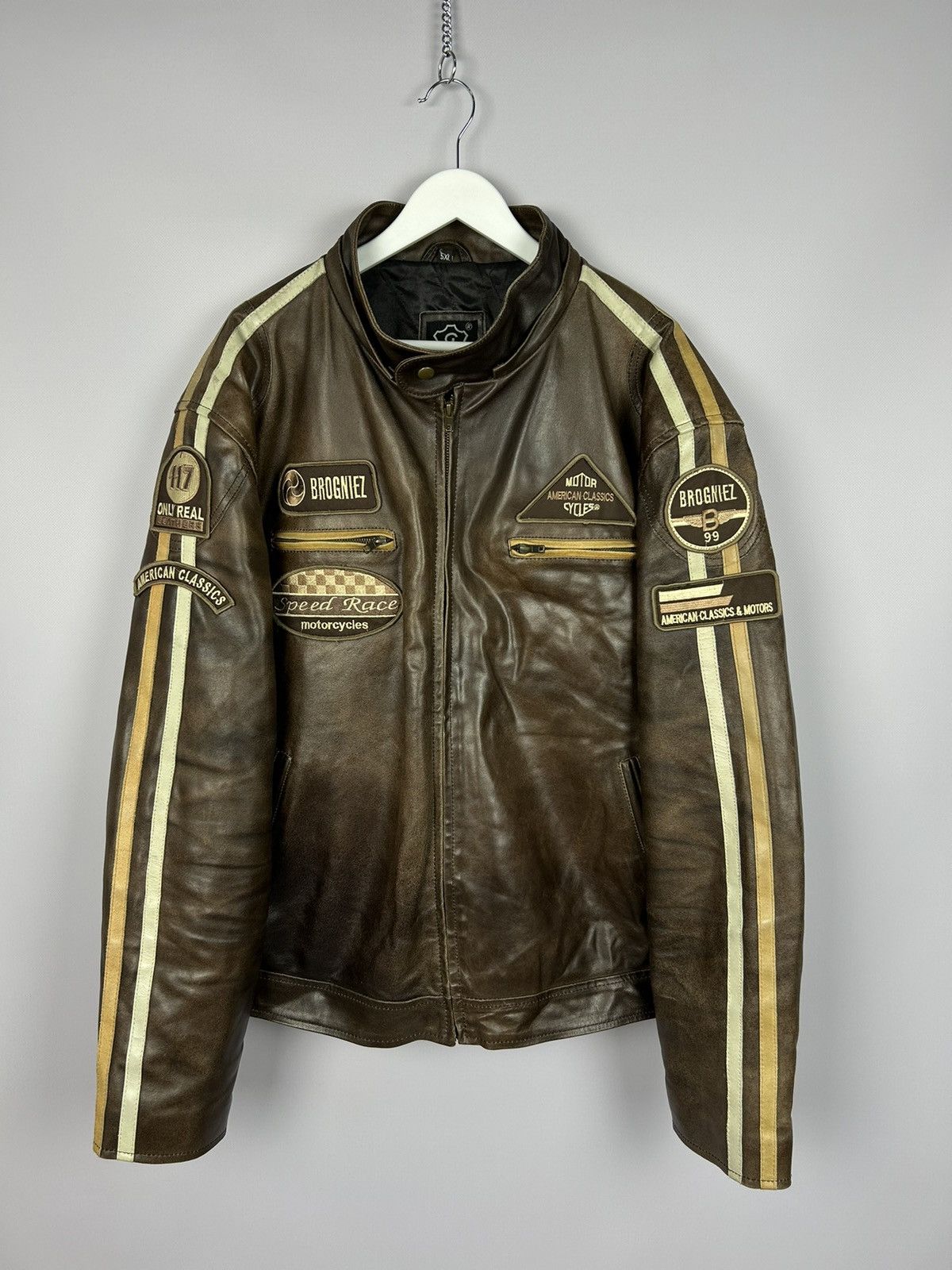 image of Brogniez Speed Race Motorcycle Leather Jacket Size 4Xl Vintage in Brown, Men's