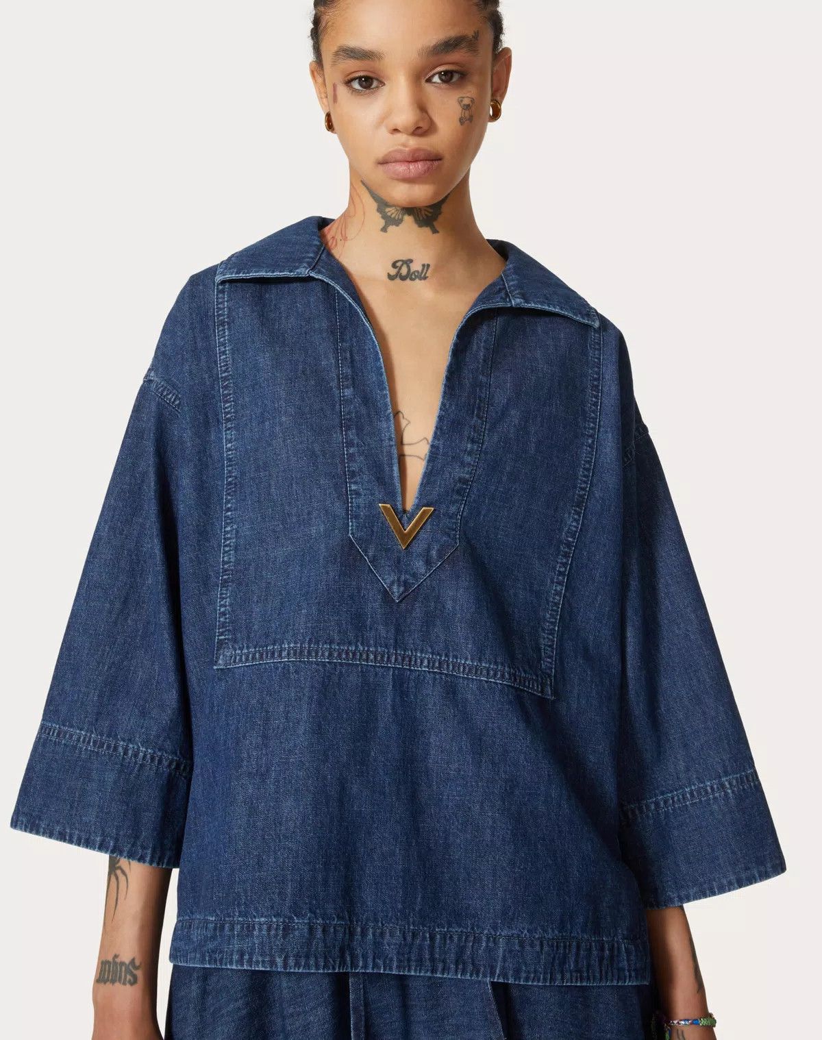 Valentino o1s1wg110625 Chambray Denim Kaftan Top in Medium Blue Size M / US 6-8 / IT 42-44 - 6 Thumbnail