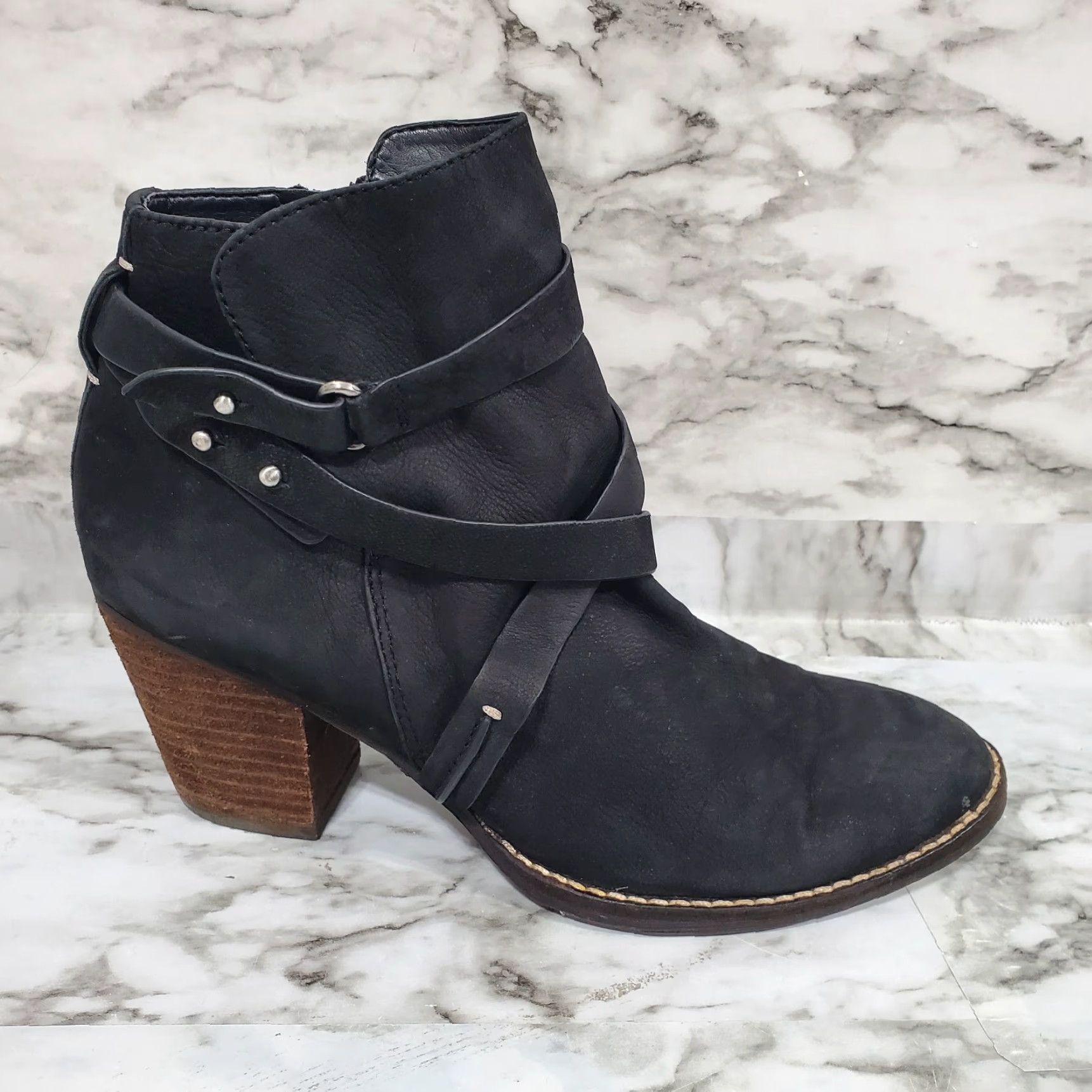 Sam Edelman Sam Edelman Bootie Women 7.5M Black Ankle Boot Merton Leather Almond Toe Strappy Shoe Womens Mid Heel Zip Block Size US 7.5 / IT 37.5 - 5 Thumbnail